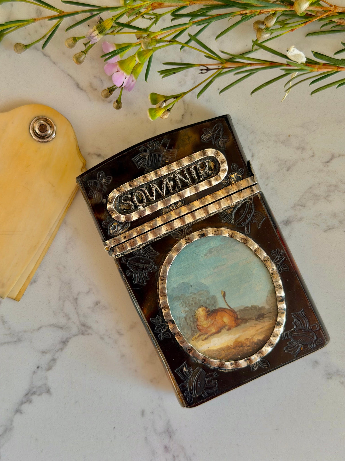 Tortoise & Silver Souvenir Dance Card Case with Painted Miniatures