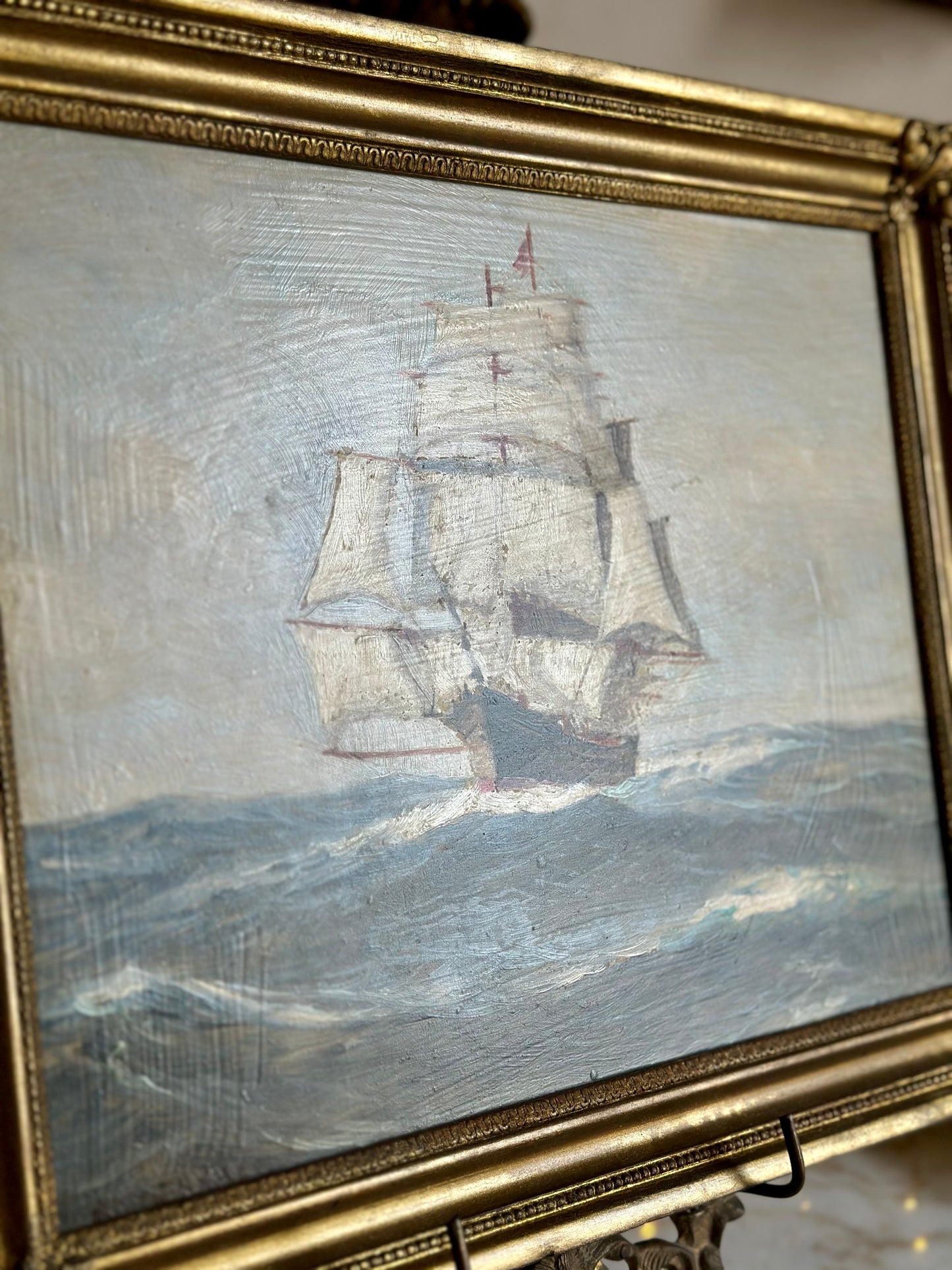 Vintage Oil on Board Seascape | Three-Masted Clipper