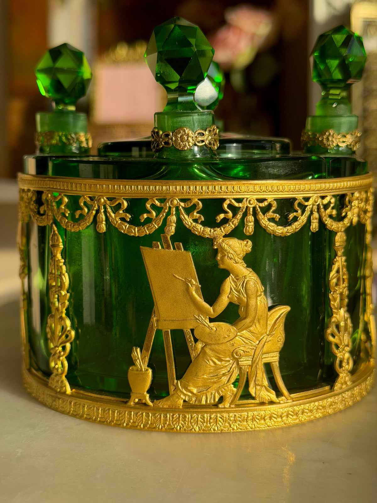Napoleon III Emerald Crystal & Gilt Bronze Scent Casket