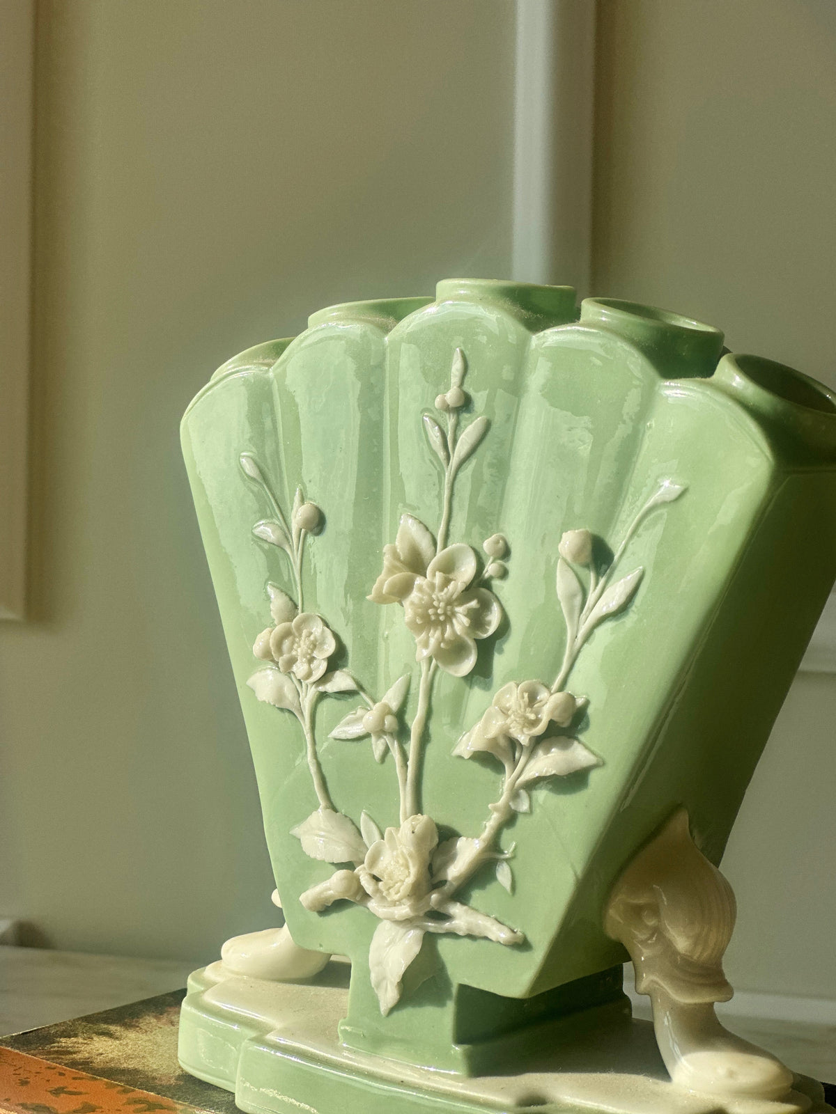 Antique Minton Green Relief Finger Vase