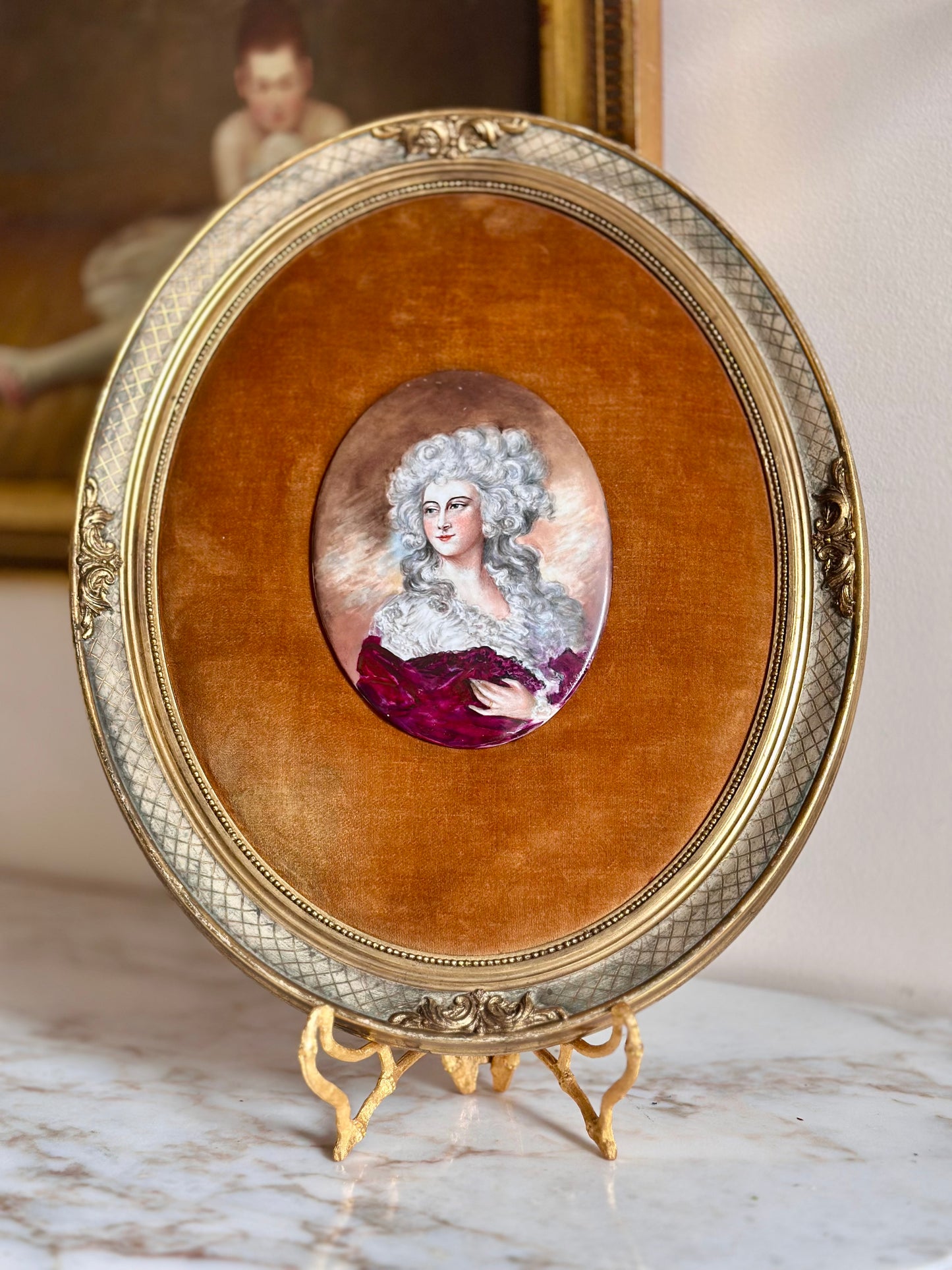 Hand-Painted Porcelain Portrait Plaque in Gilt Frame
