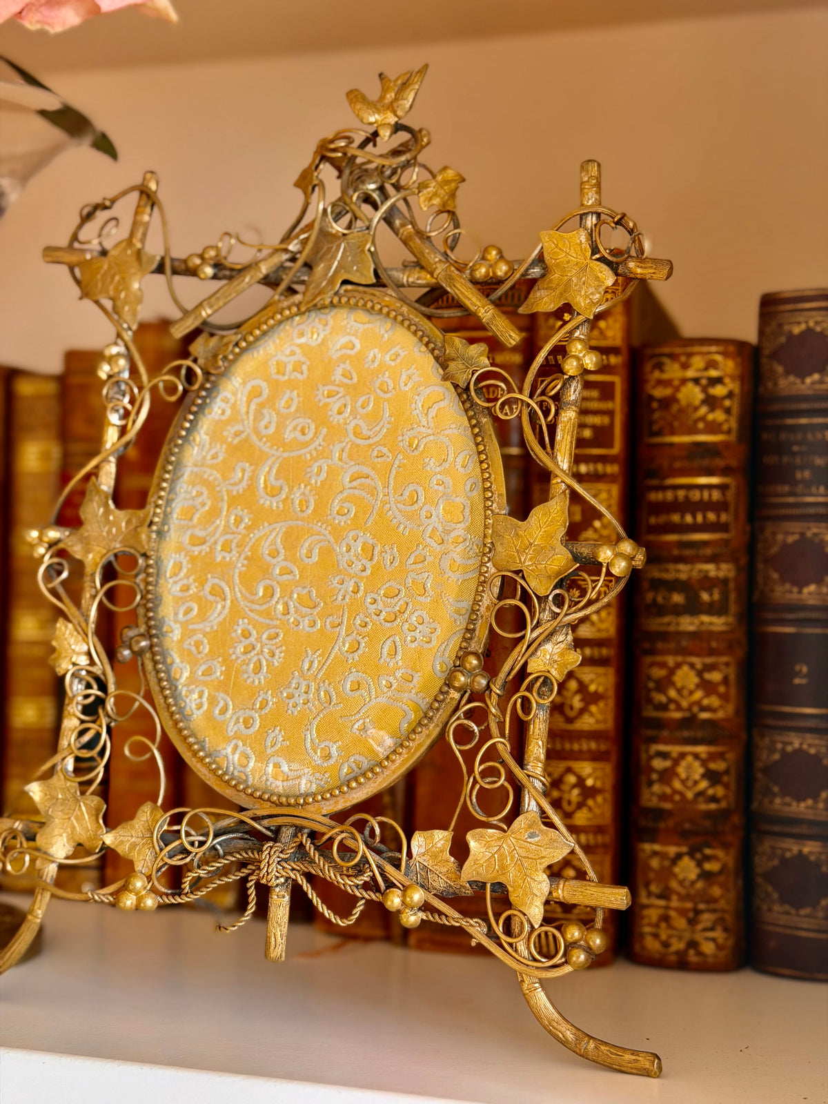 Ornate Gilt Bronze Perched Bird in Vines Frame