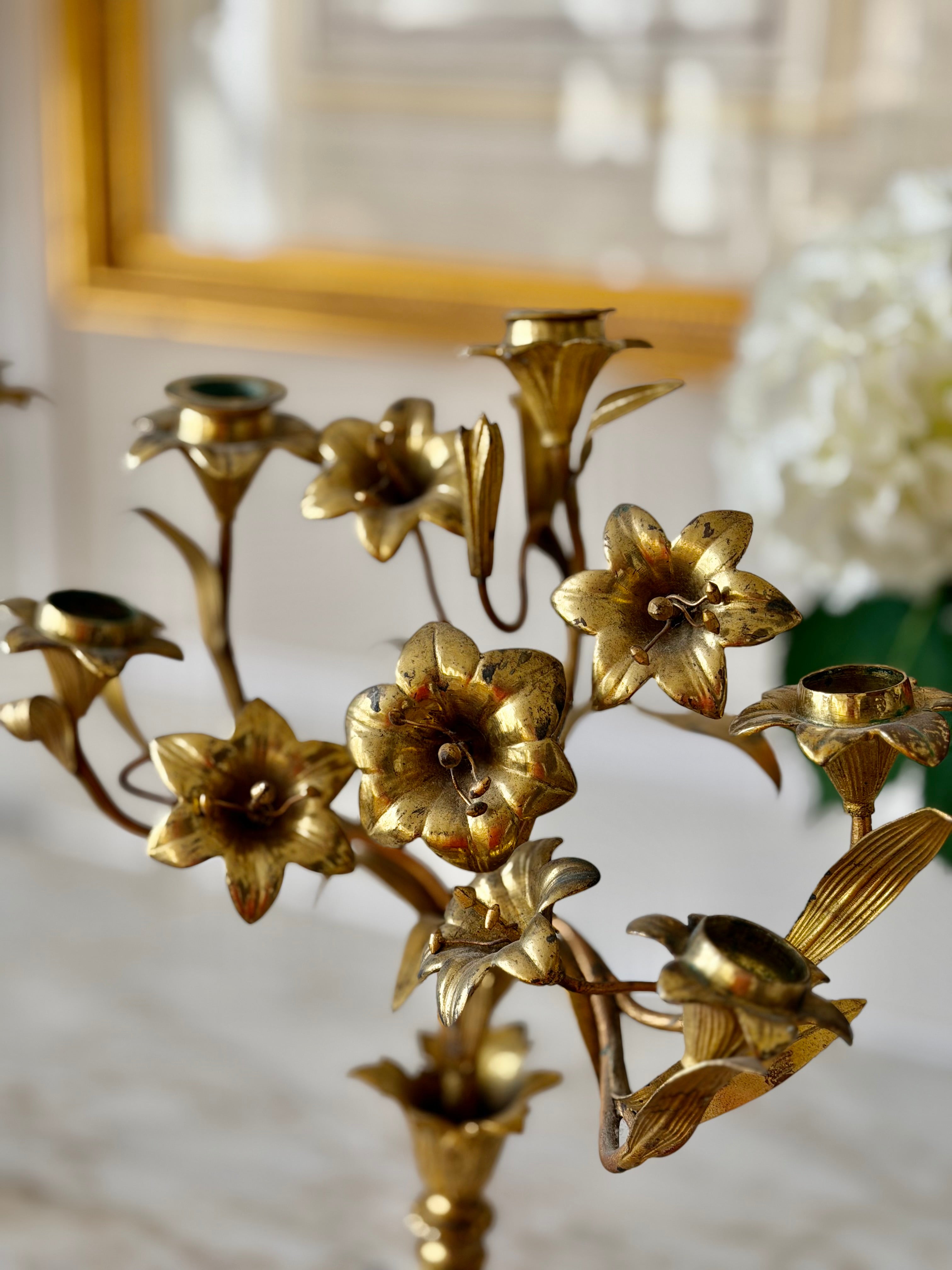 Pair of French Gilt Brass Floral Candelabras
