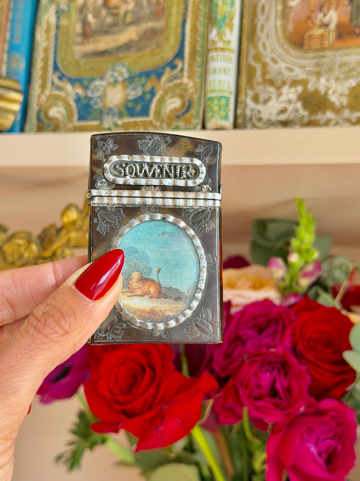 Tortoise & Silver Souvenir Dance Card Case with Painted Miniatures