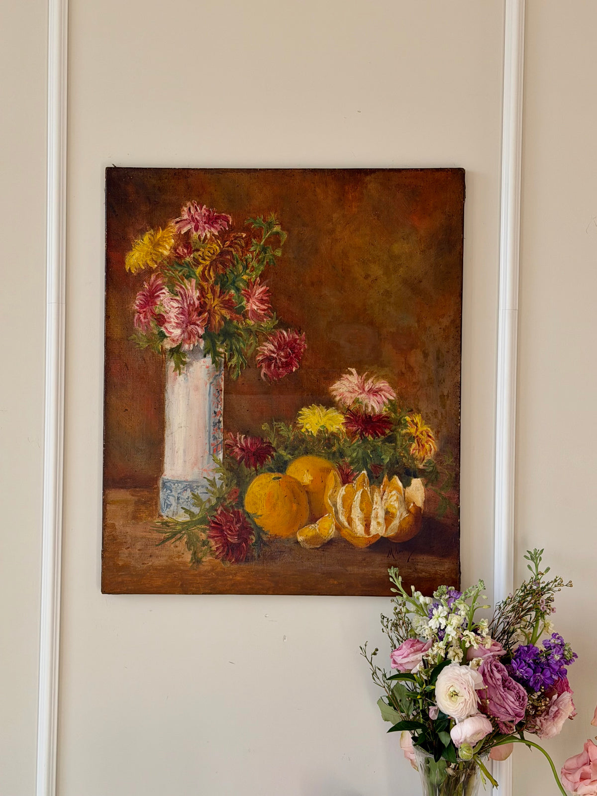 Signed Floral Still Life with Oranges, Oil on Canvas