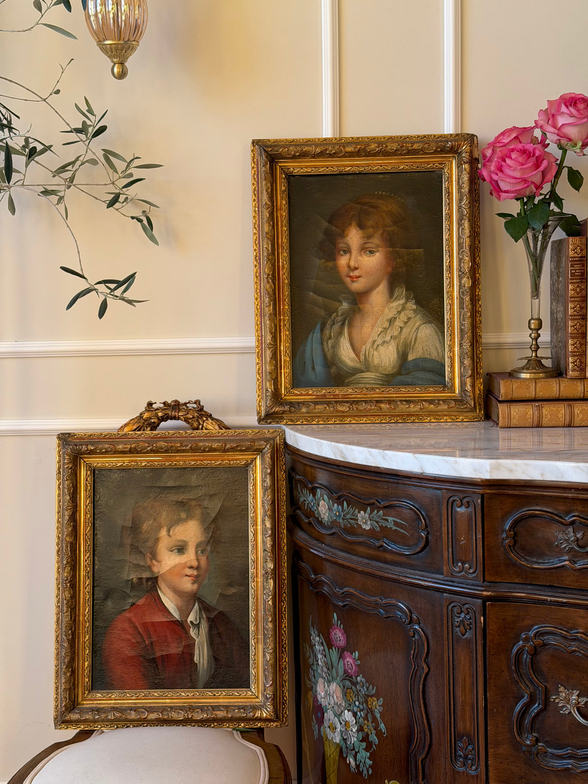 Antique Oil Portraits on Canvas of a Young boy & Girl in Giltwood Frames