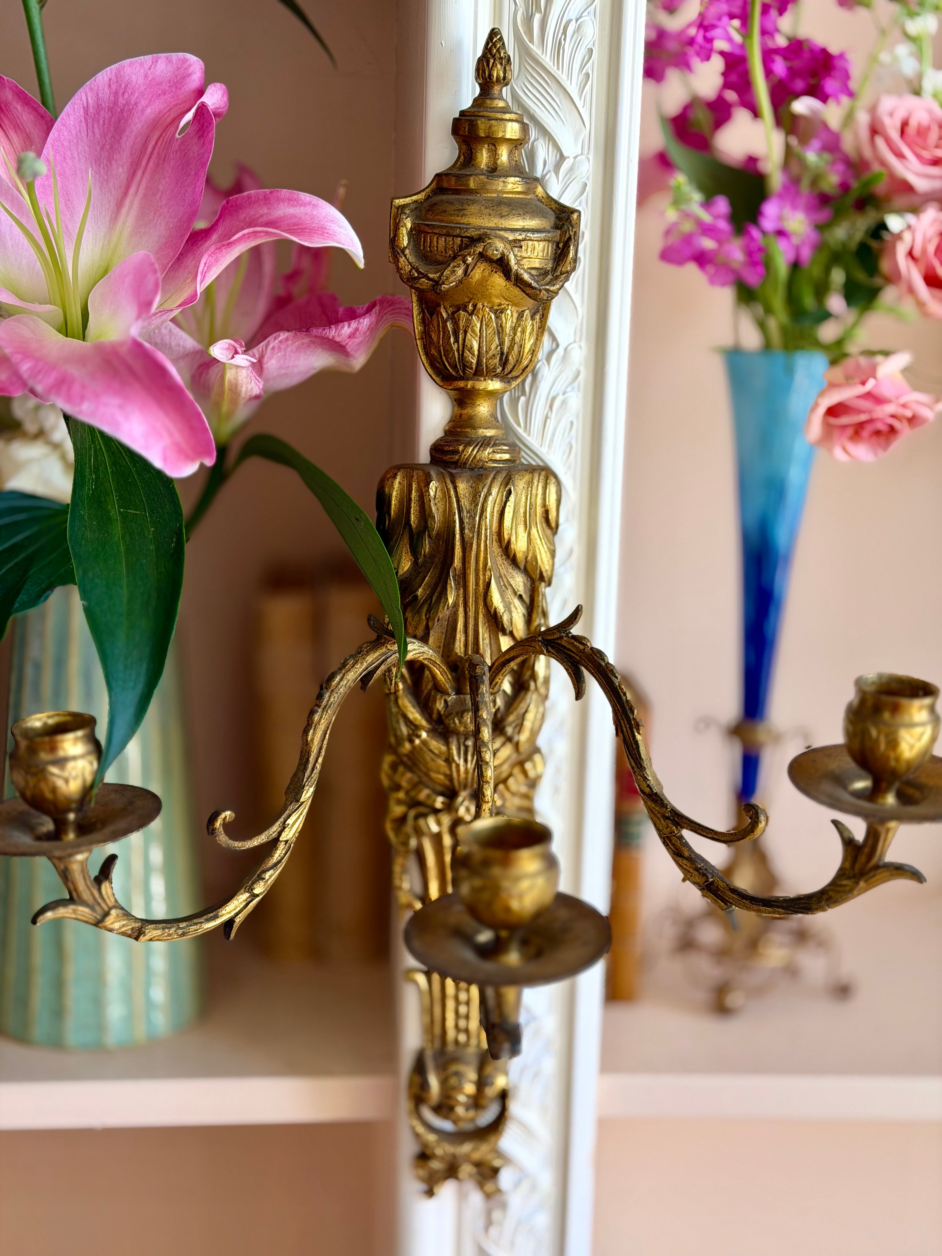 Louis XVI Style Gilt Brass Wall Sconces