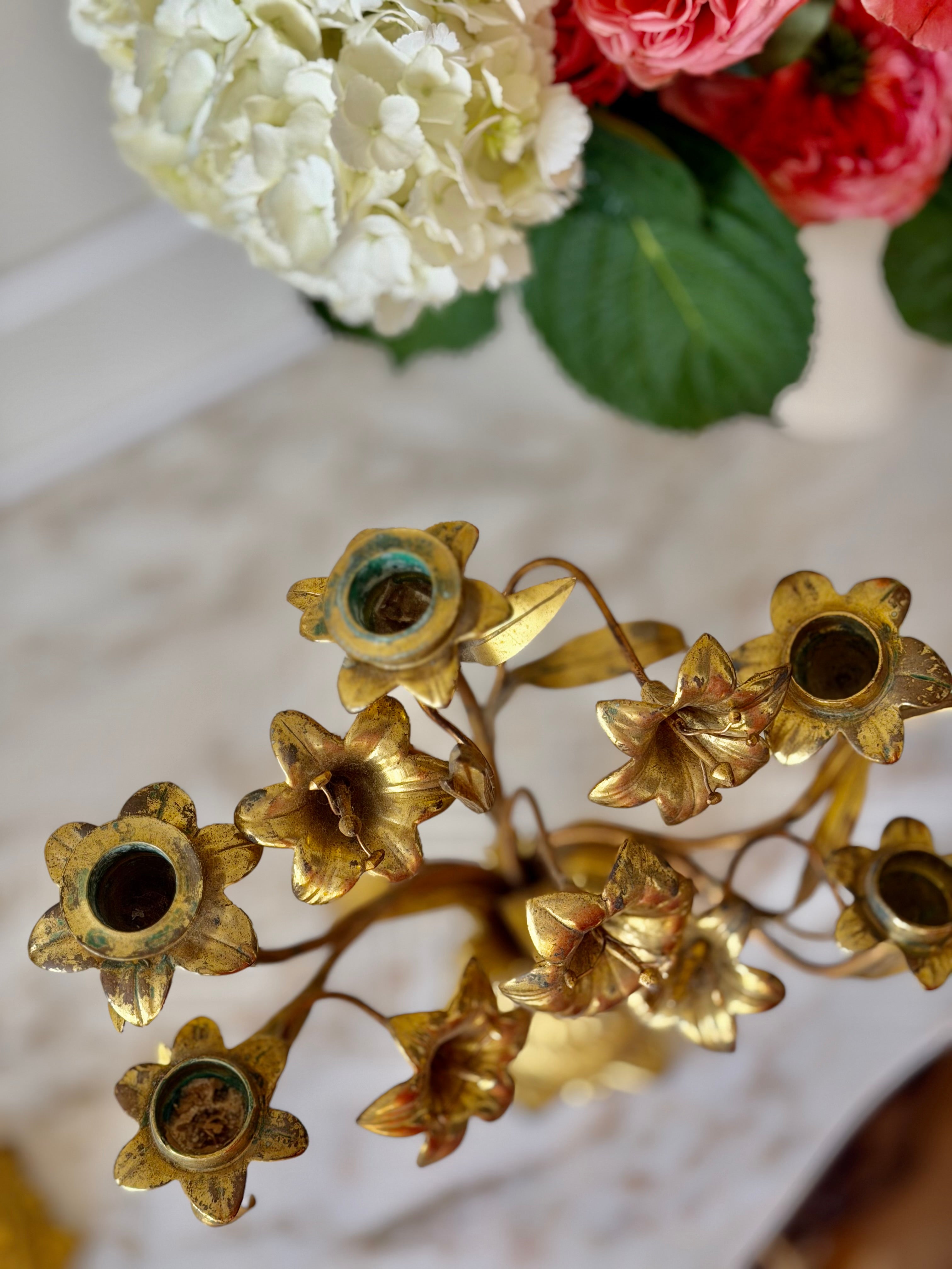 Pair of French Gilt Brass Floral Candelabras