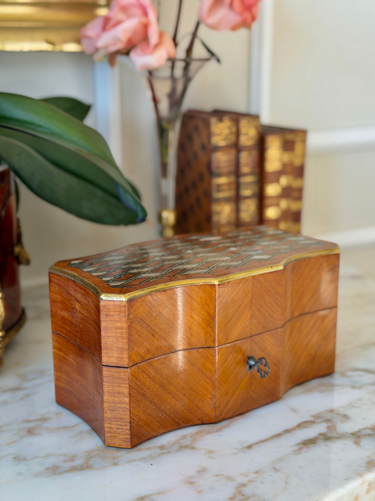 Marquetry Scent Casket with Mother-of-Pearl Inlay & Crystal Bottles