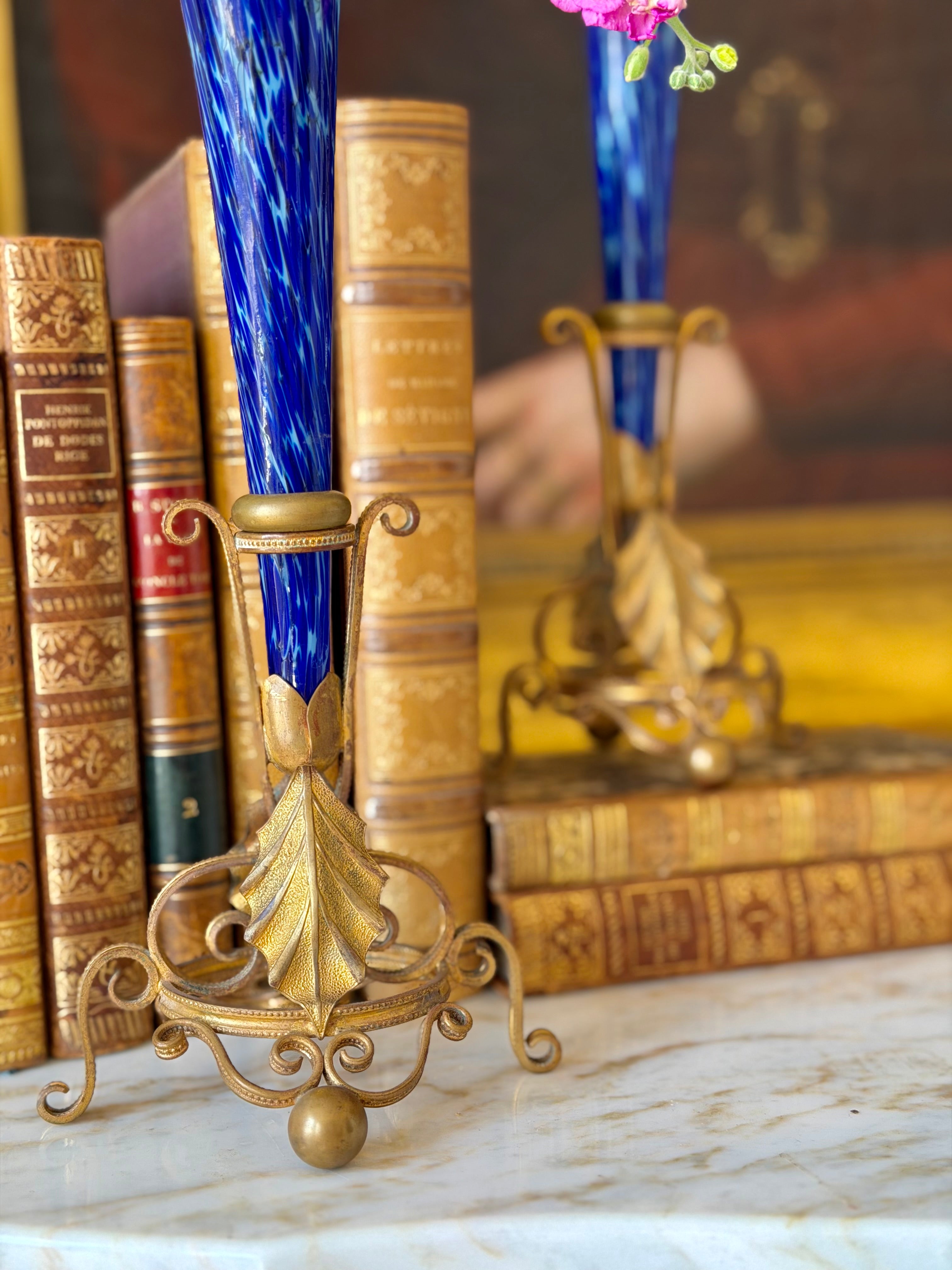 Blue Art Glass Trumpet Vases in Gilt Stands (Pair)