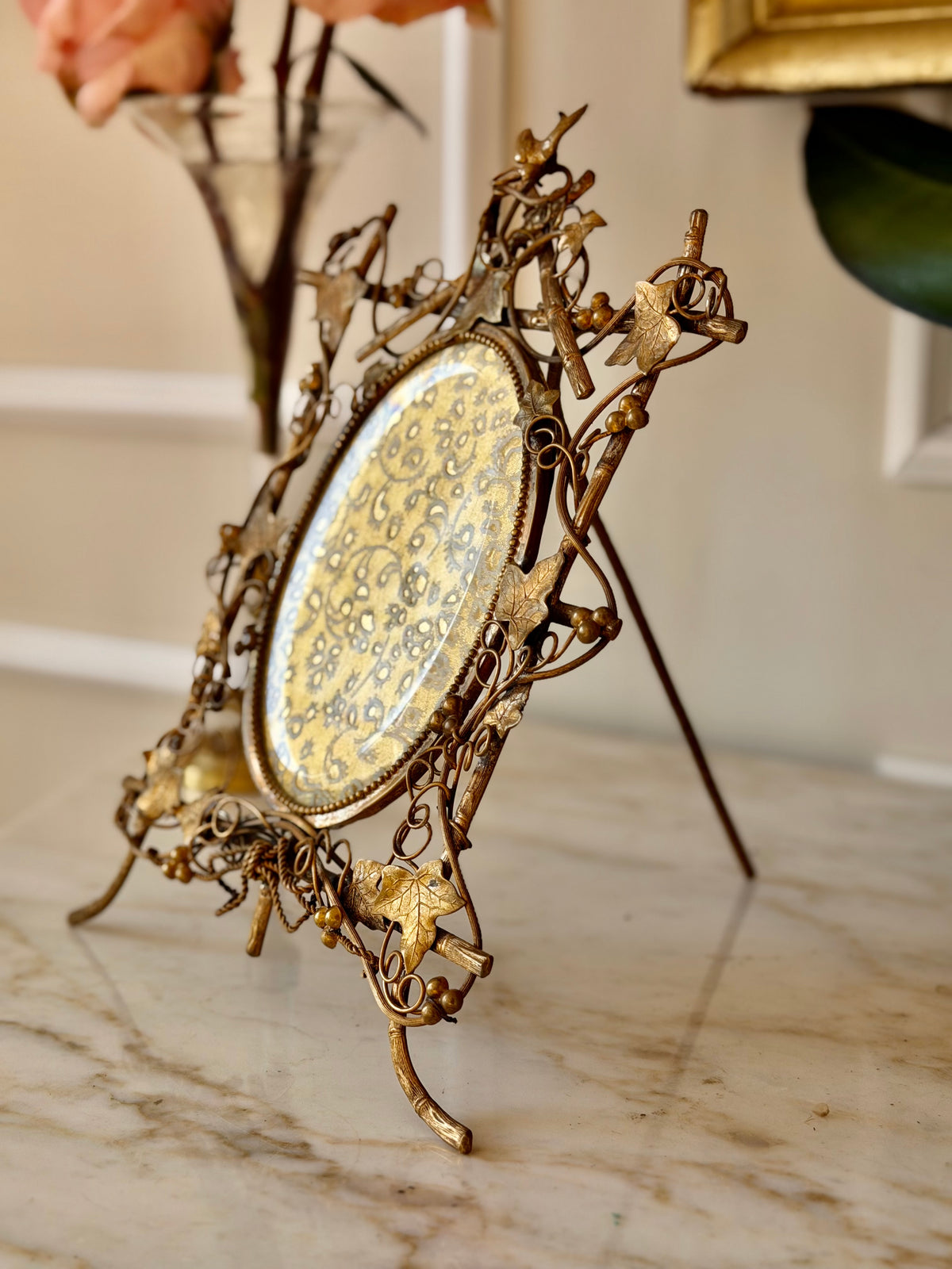 Ornate Gilt Bronze Perched Bird in Vines Frame