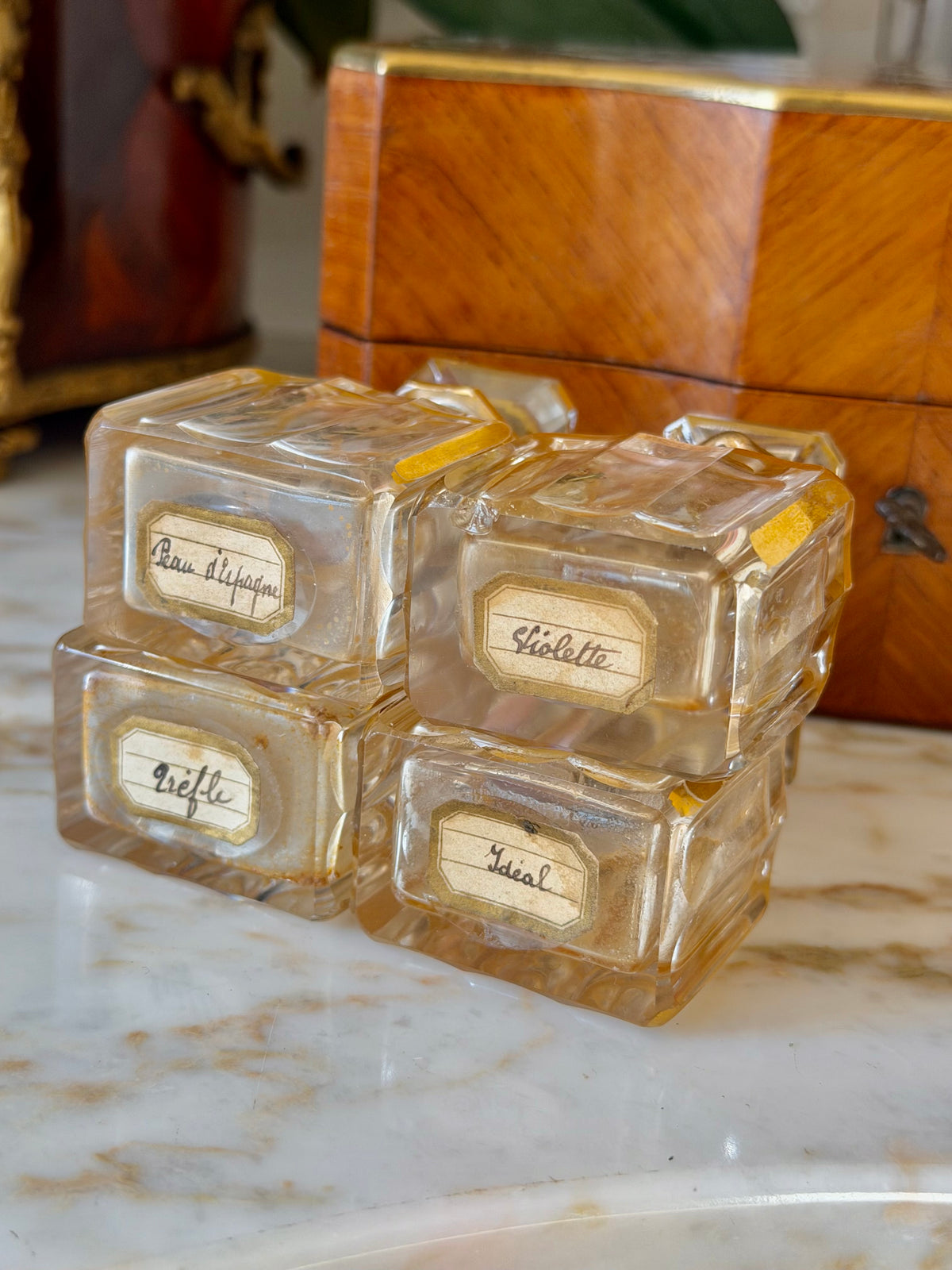Marquetry Scent Casket with Mother-of-Pearl Inlay & Crystal Bottles