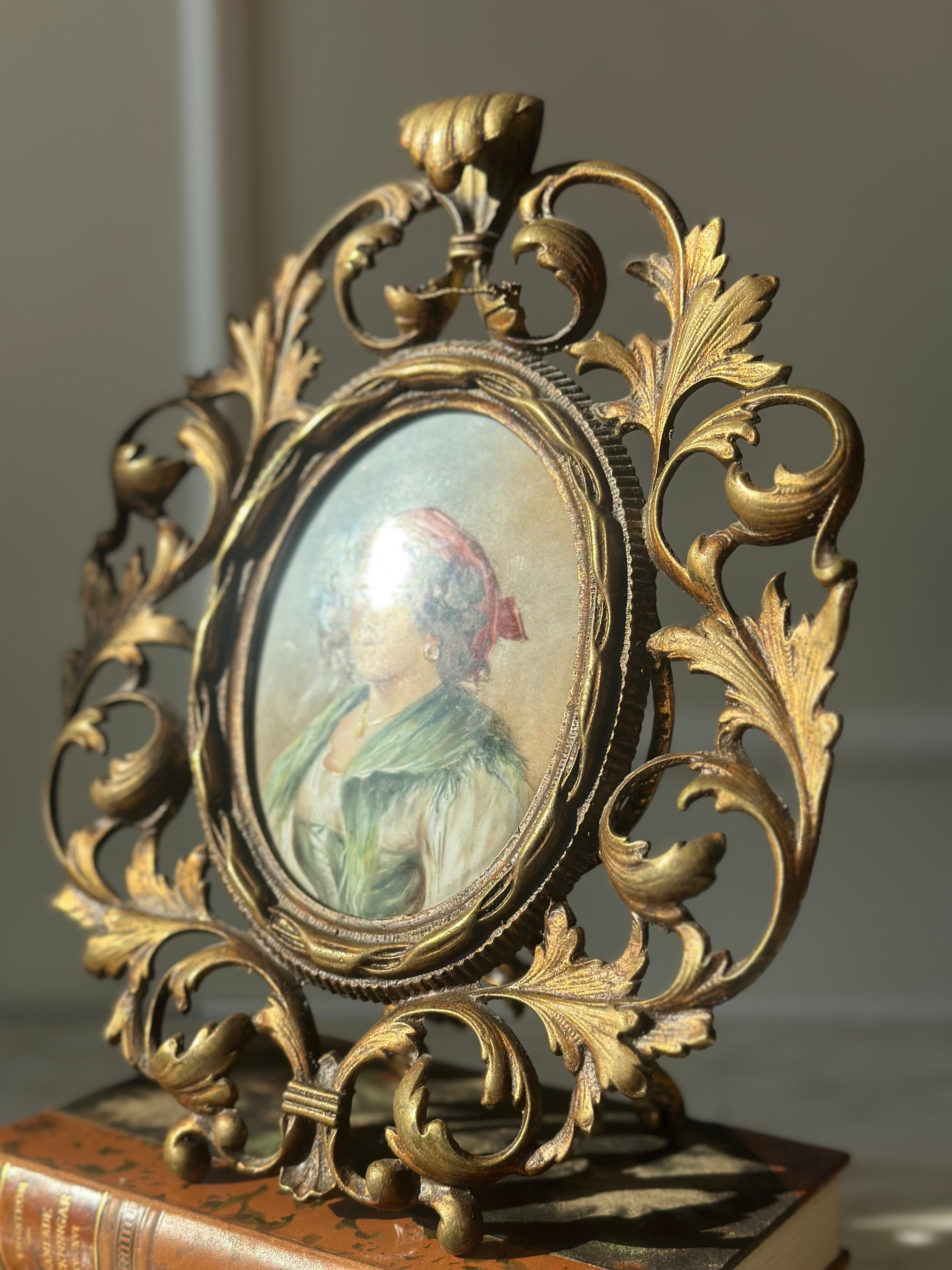 Antique Brass Easel Frame with Hand-Painted Portrait