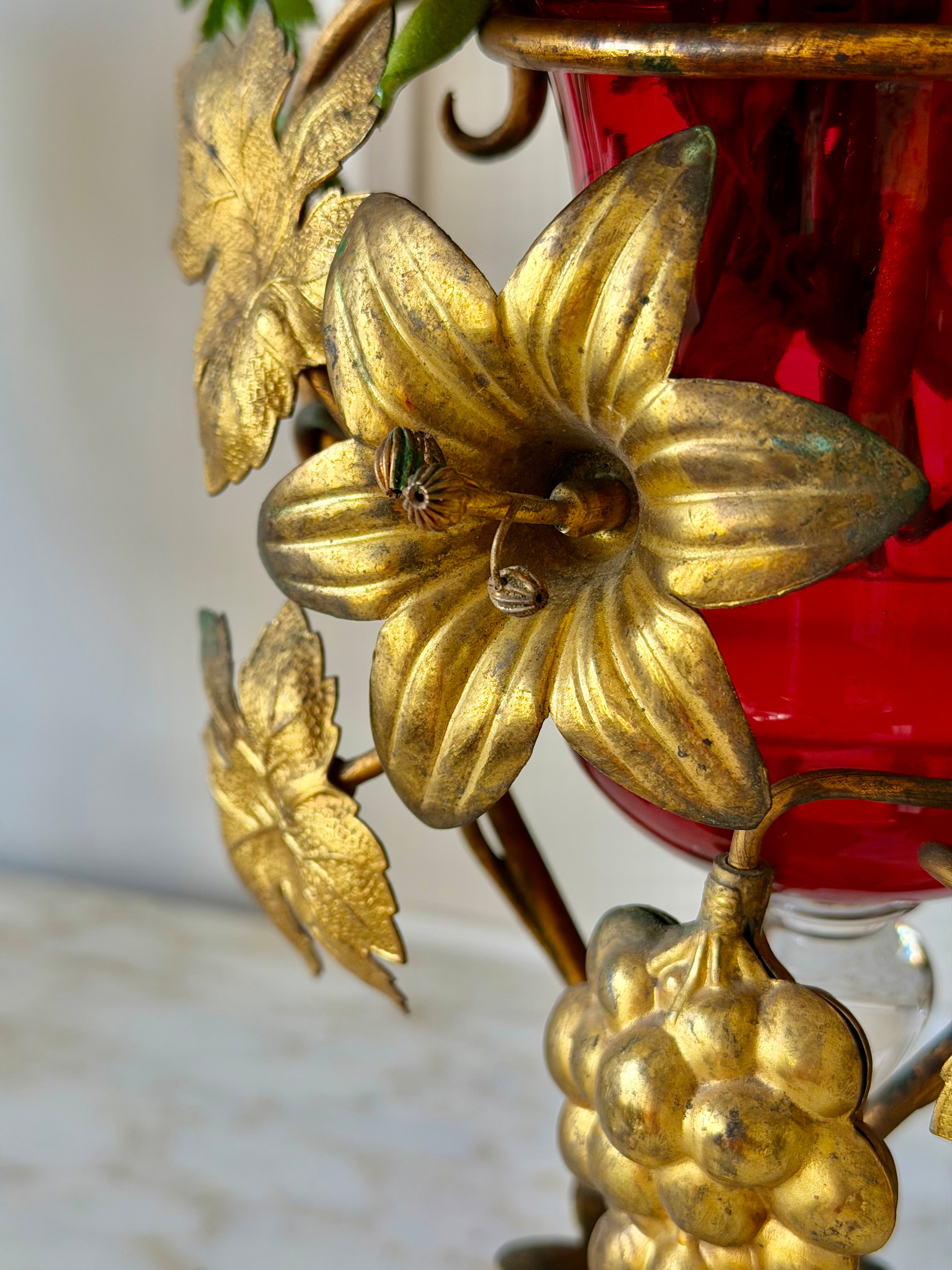 French Gilt Bronze Floral & Cranberry Glass Vase