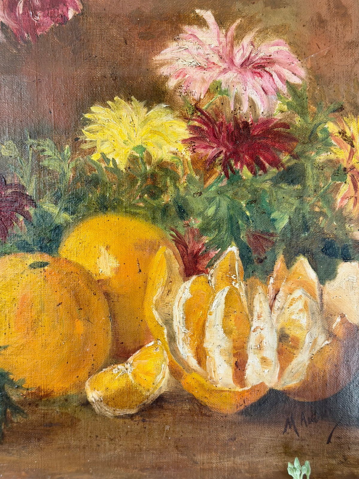 Signed Floral Still Life with Oranges, Oil on Canvas