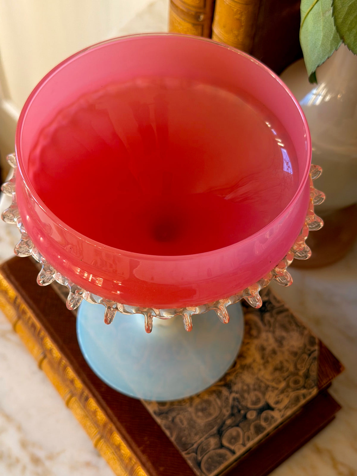 Encased Empoli Glass & Opaline Compote with Ruffled Rim