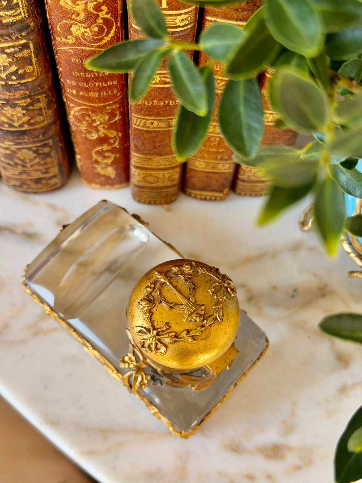 Crystal & Gilt Bronze Inkwell with Quill Rest