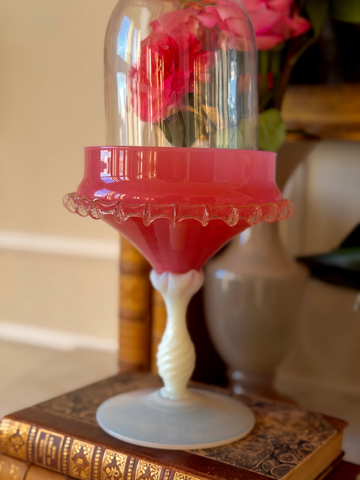 Encased Empoli Glass & Opaline Compote with Ruffled Rim