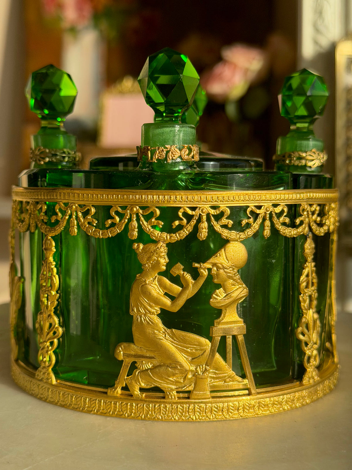 Napoleon III Emerald Crystal & Gilt Bronze Scent Casket