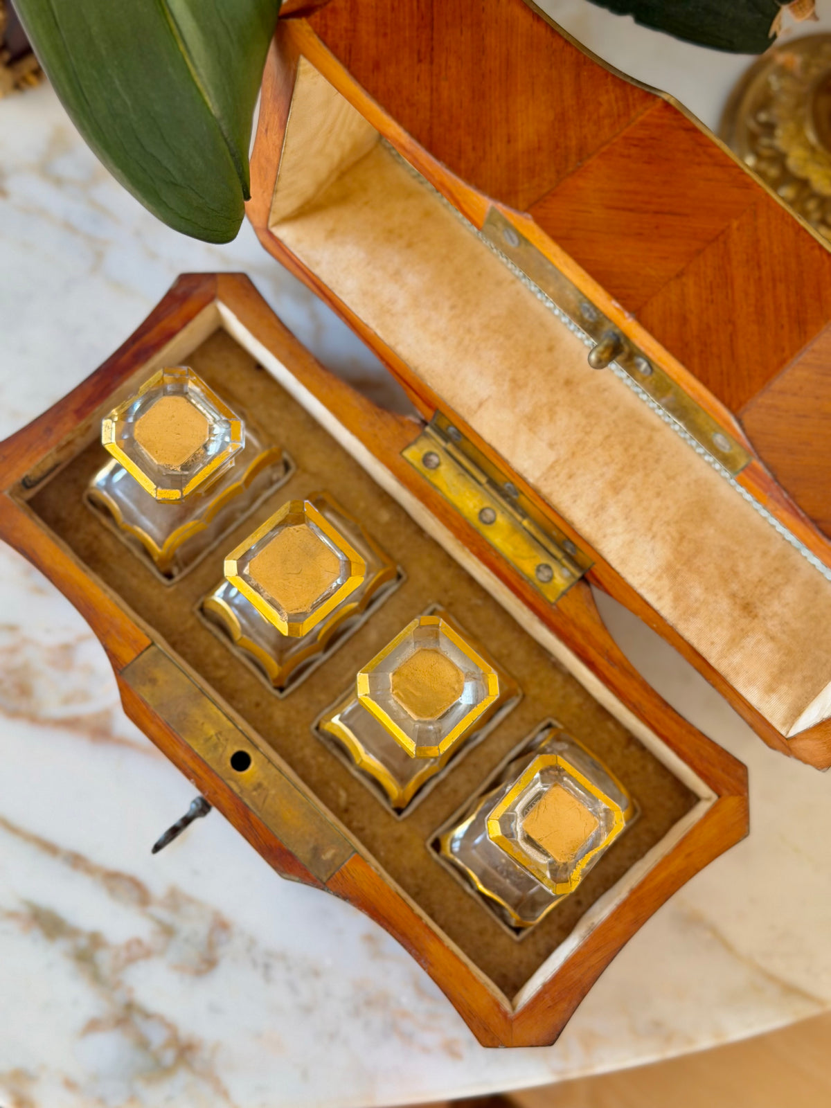 Marquetry Scent Casket with Mother-of-Pearl Inlay & Crystal Bottles
