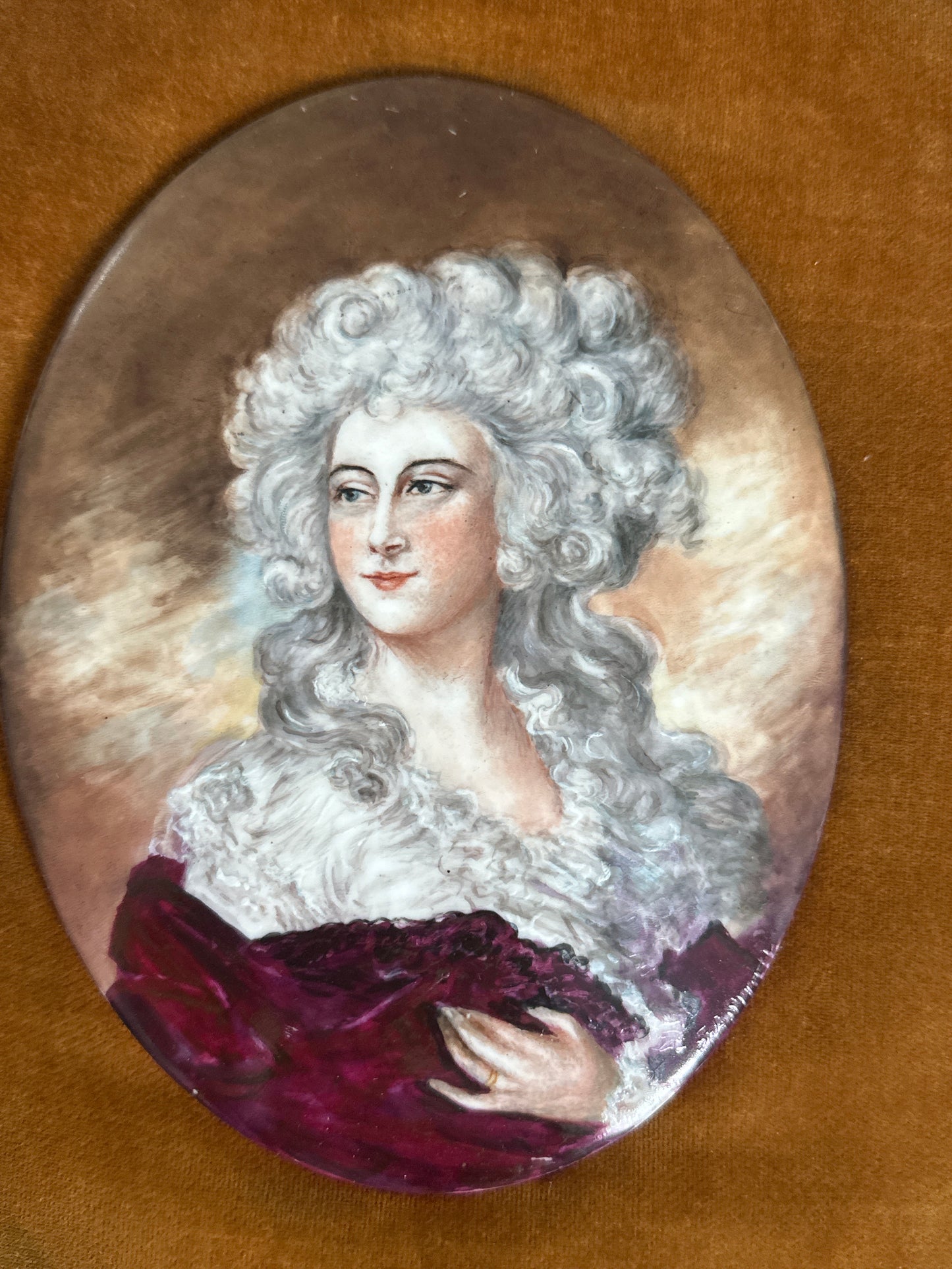 Hand-Painted Porcelain Portrait Plaque in Gilt Frame