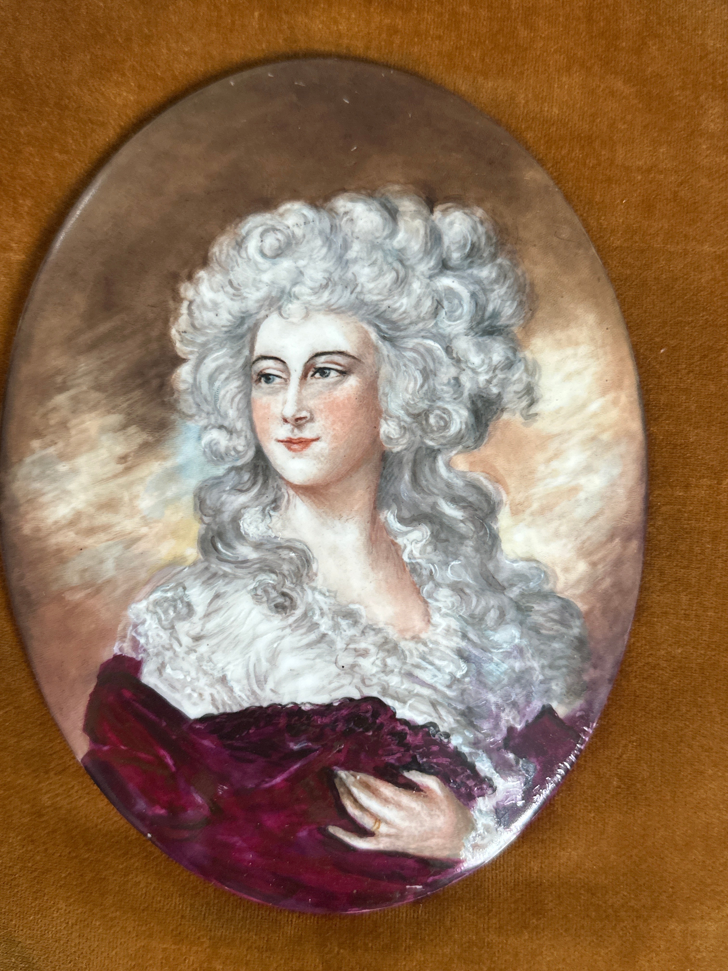 Hand-Painted Porcelain Portrait Plaque in Gilt Frame