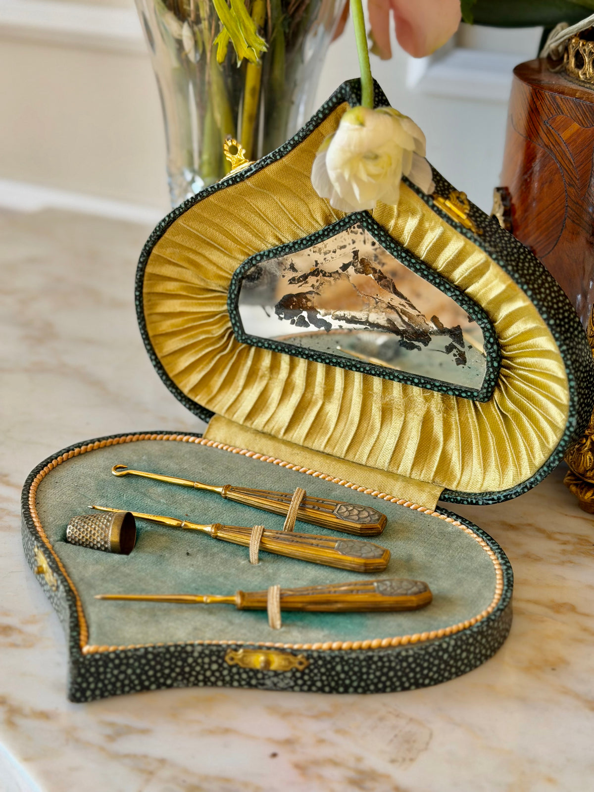 Shagreen Embroidery Étui with Gilt Tools & Mercury Mirror