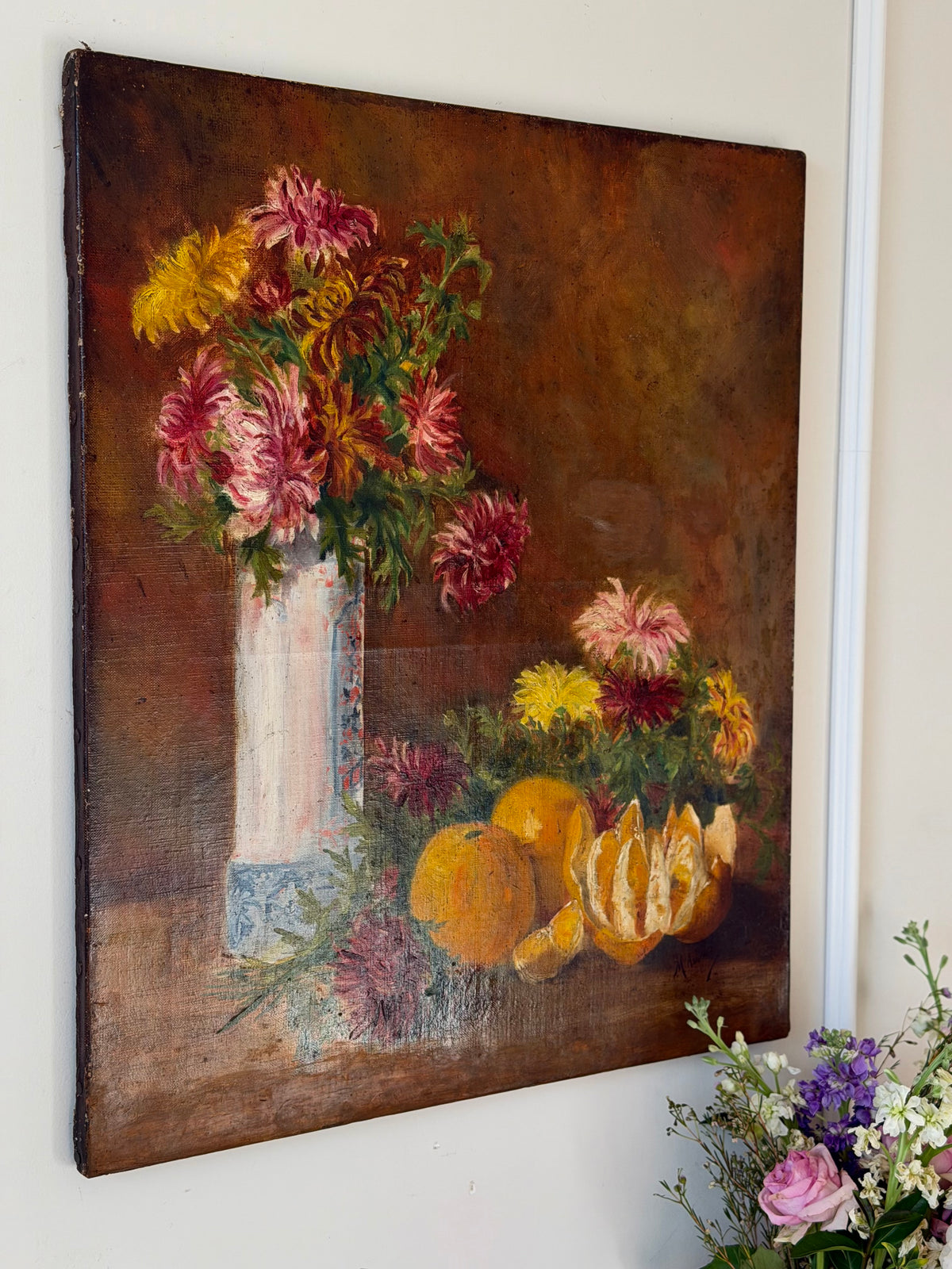Signed Floral Still Life with Oranges, Oil on Canvas