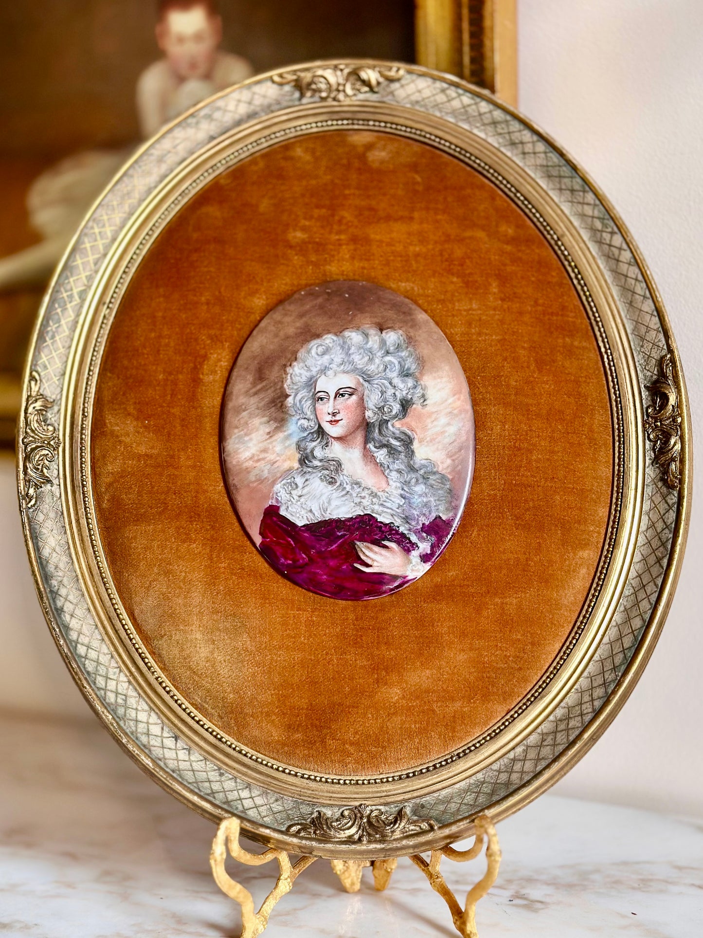 Hand-Painted Porcelain Portrait Plaque in Gilt Frame