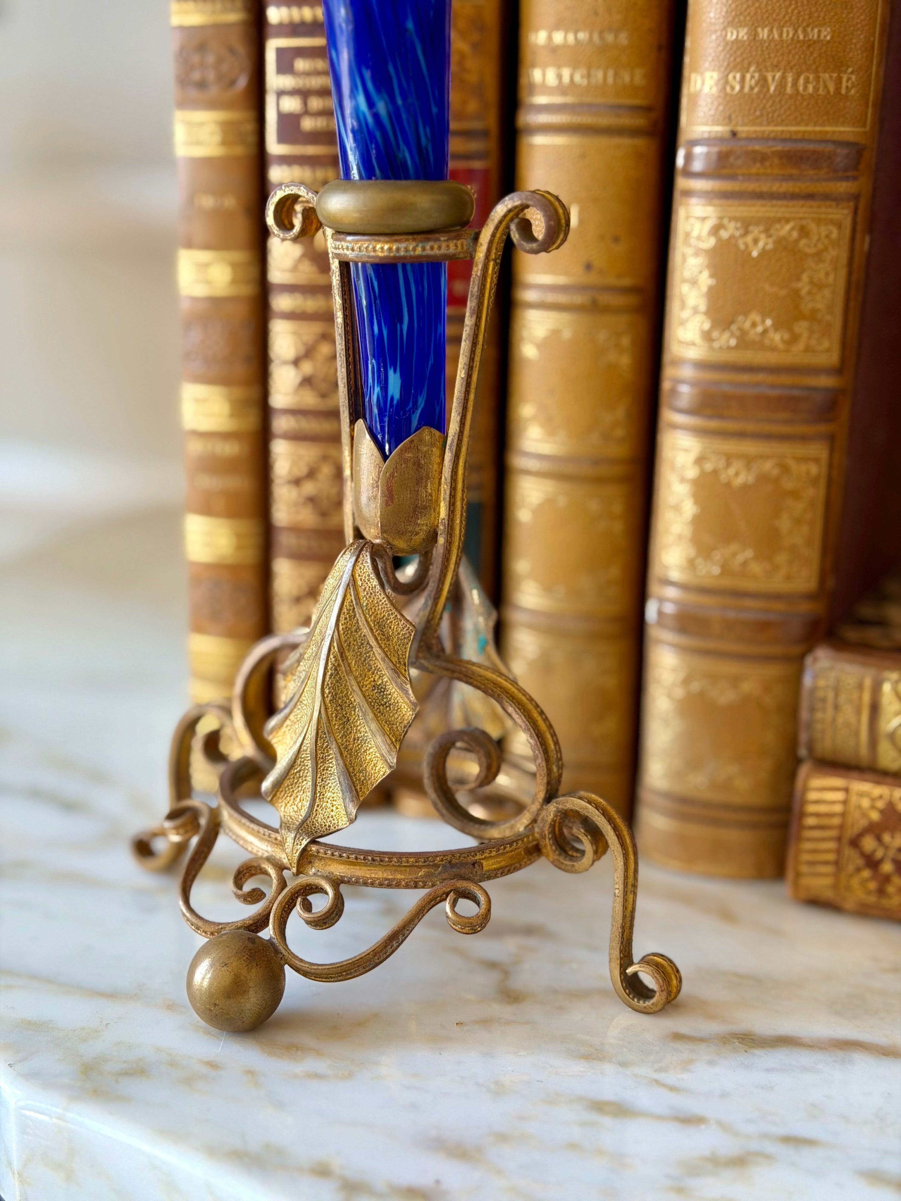 Blue Art Glass Trumpet Vases in Gilt Stands (Pair)