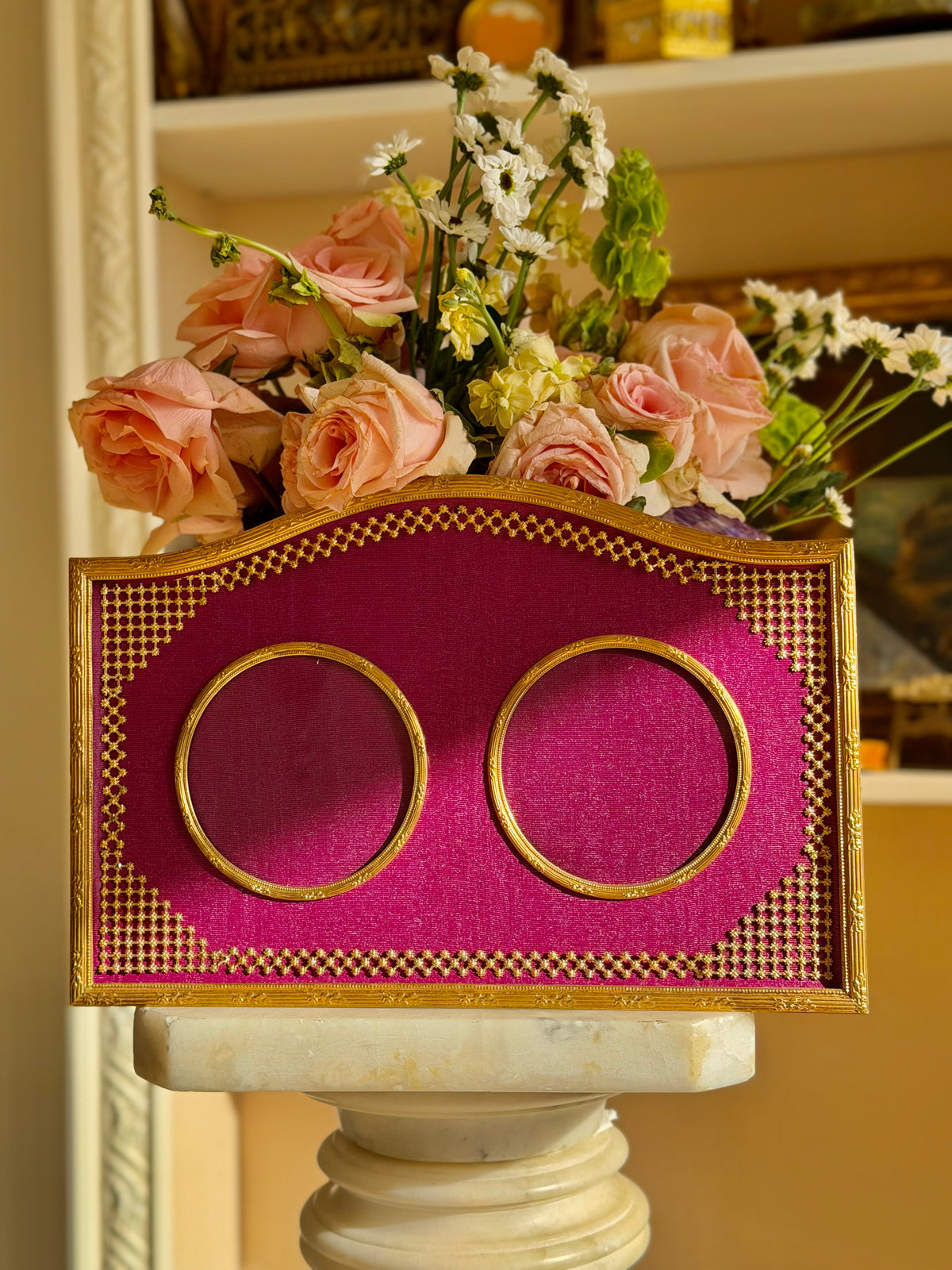 XL Double Gilt Bronze Frame with Magenta Silk Moire