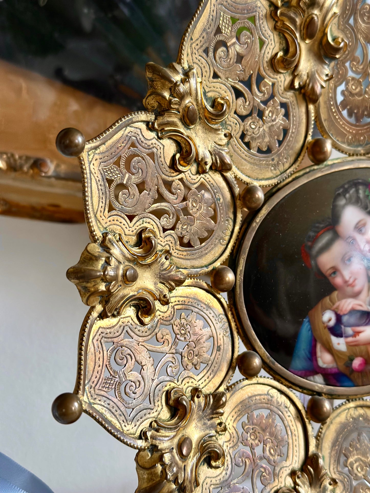 Antique Hand-Painted Porcelain Plaque in Gilt Brass Frame