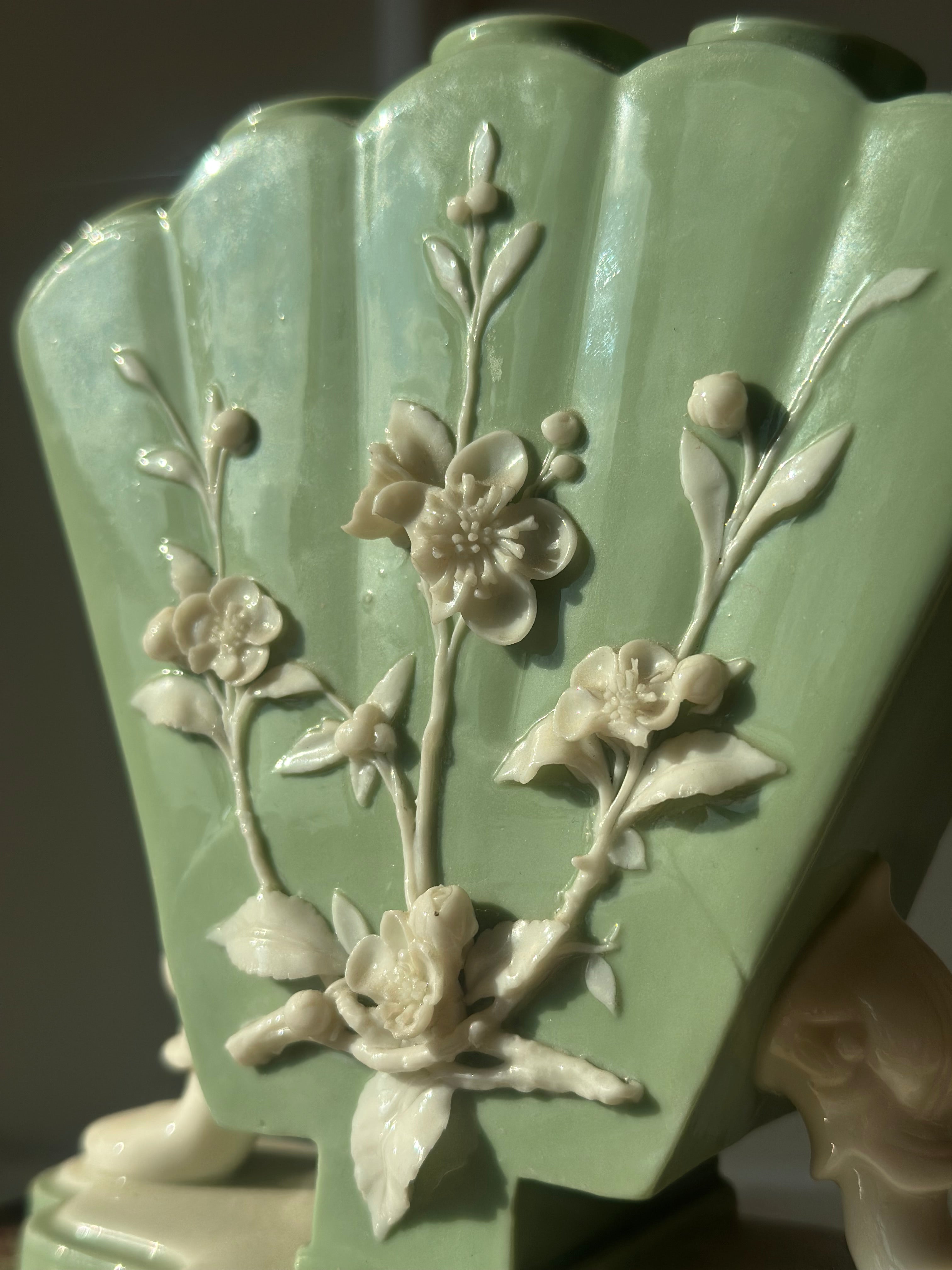 Antique Minton Green Relief Finger Vase