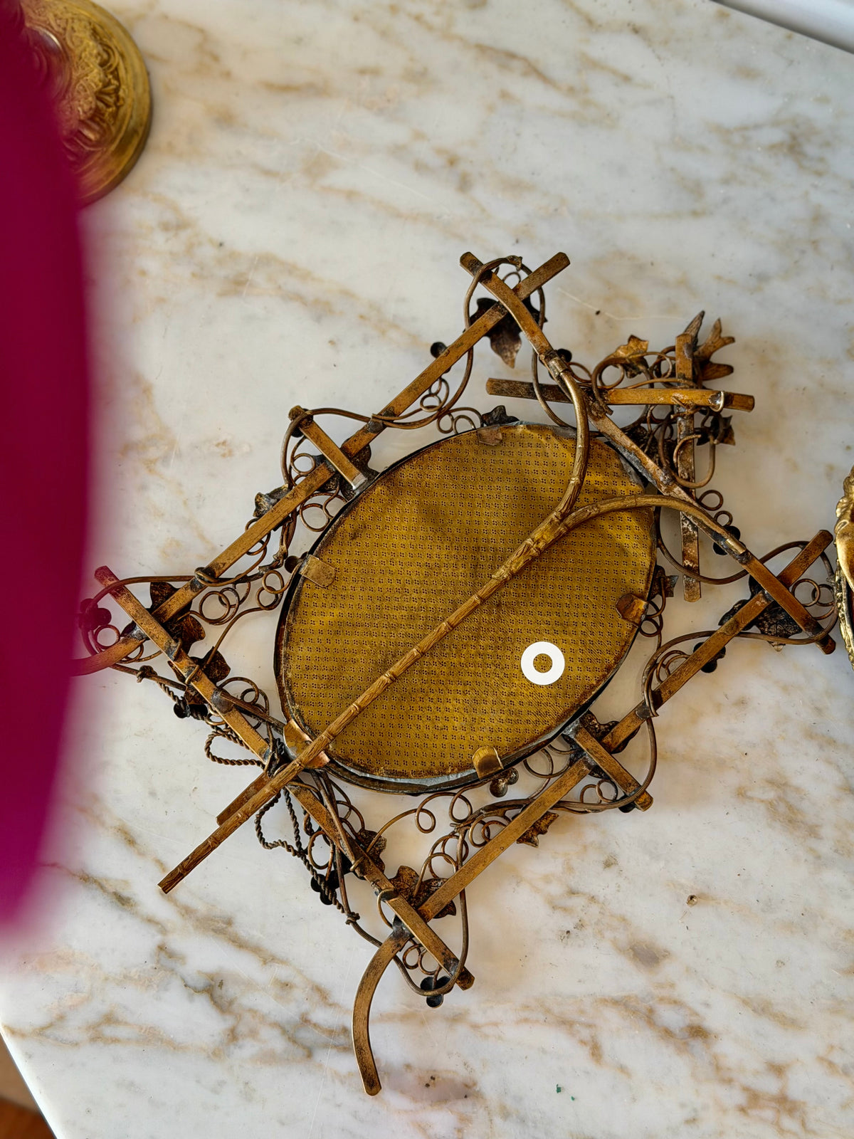 Ornate Gilt Bronze Perched Bird in Vines Frame