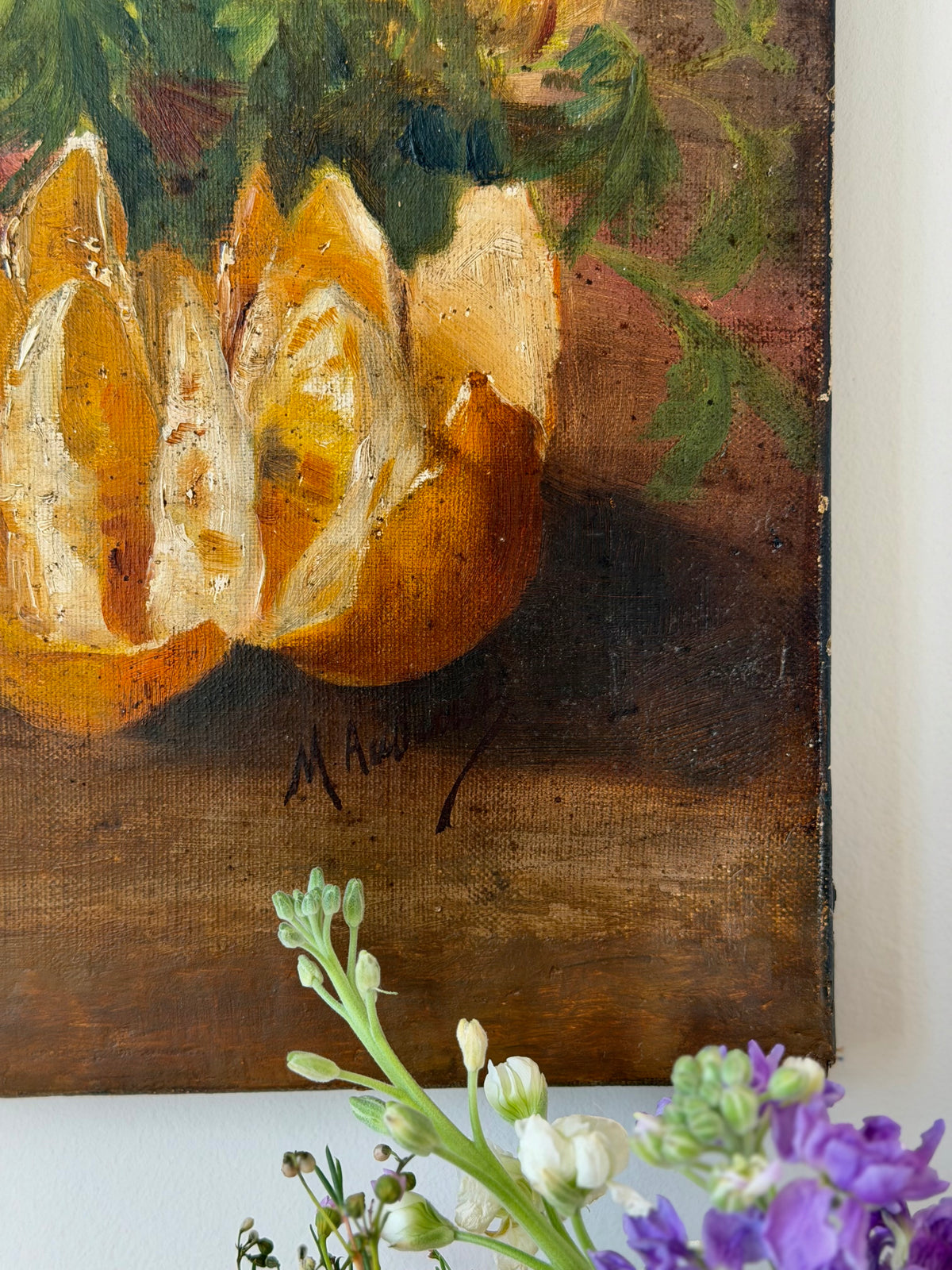 Signed Floral Still Life with Oranges, Oil on Canvas