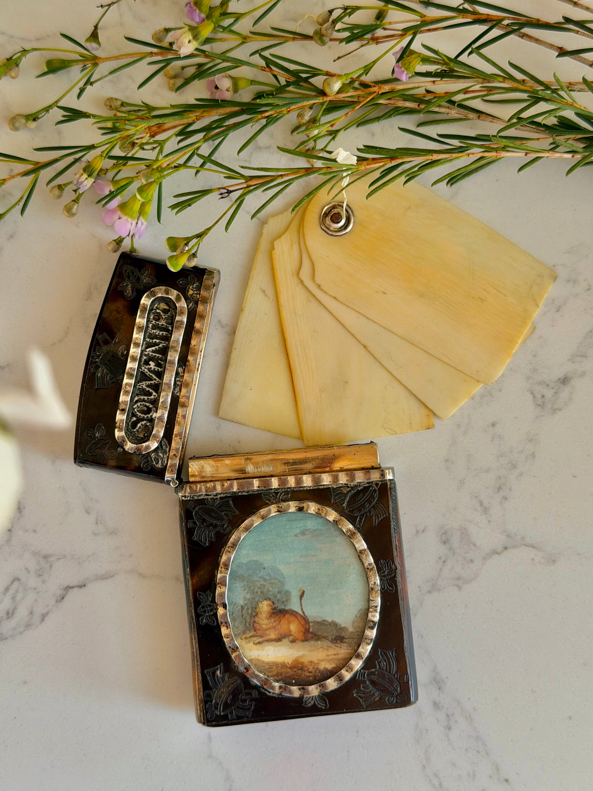 Tortoise & Silver Souvenir Dance Card Case with Painted Miniatures
