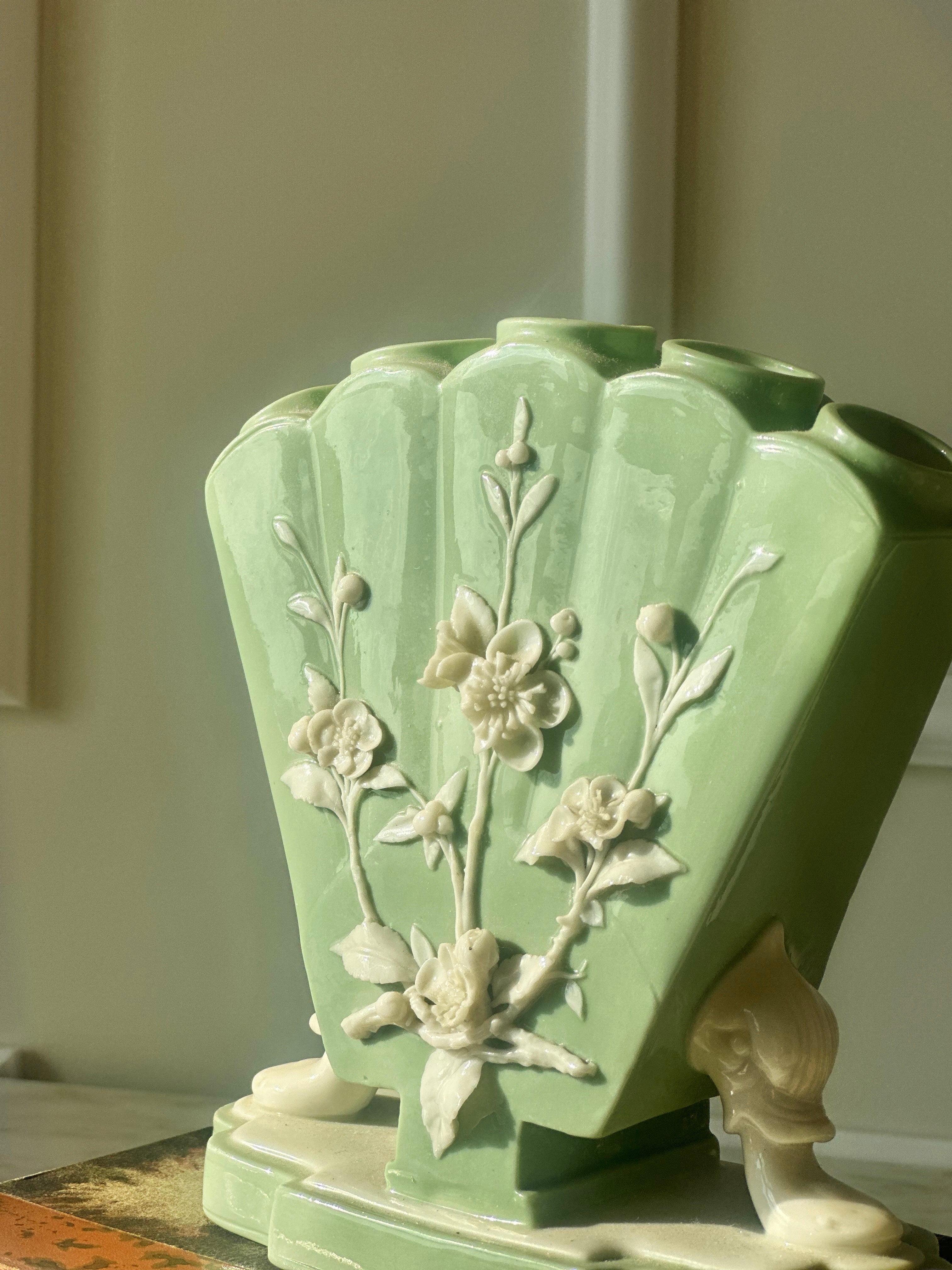 Antique Minton Green Relief Finger Vase