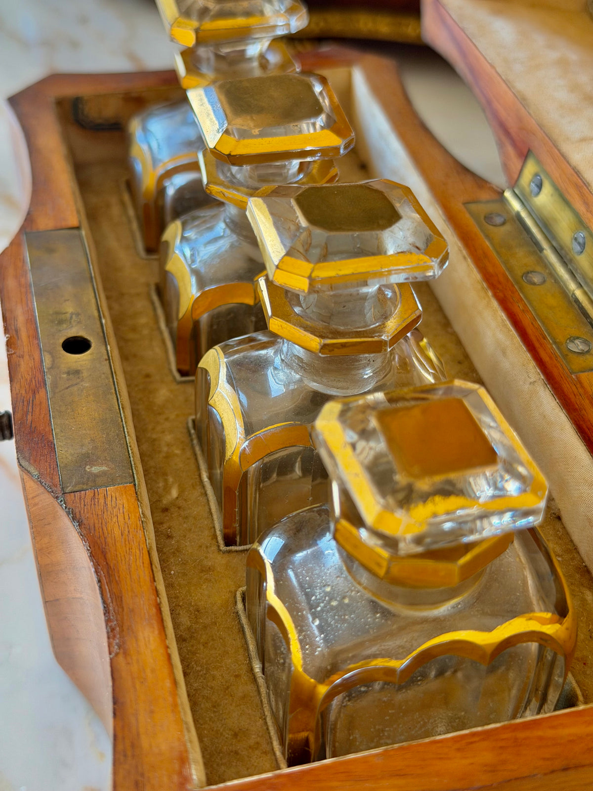 Marquetry Scent Casket with Mother-of-Pearl Inlay & Crystal Bottles