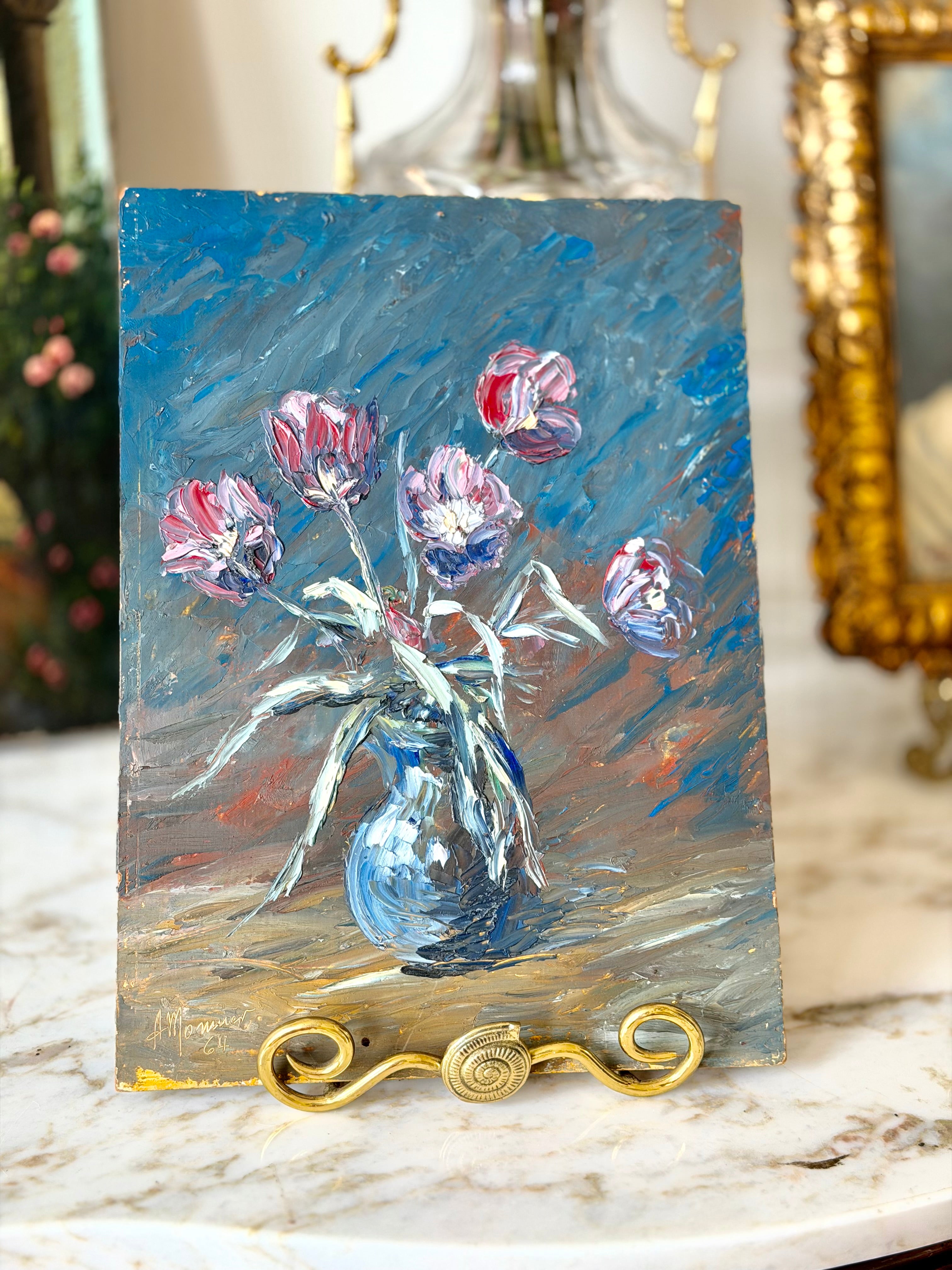 Mid-20th Century Palette Knife Floral Still Life, Oil on Board