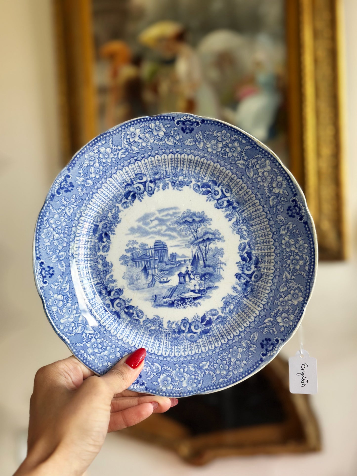 Antique Blue & White Transferware Plate – “The Temple” by Ridgways, England