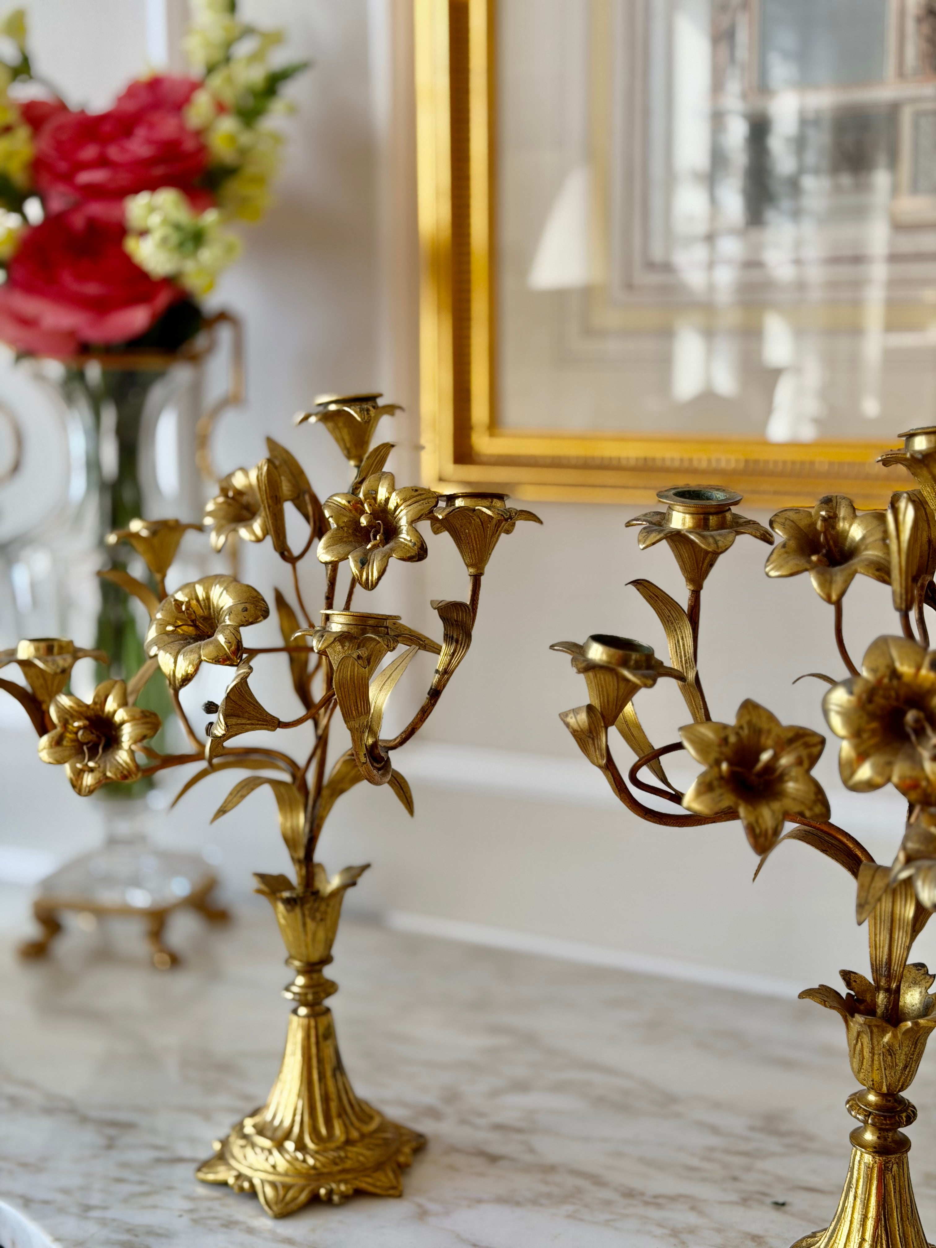 Pair of French Gilt Brass Floral Candelabras