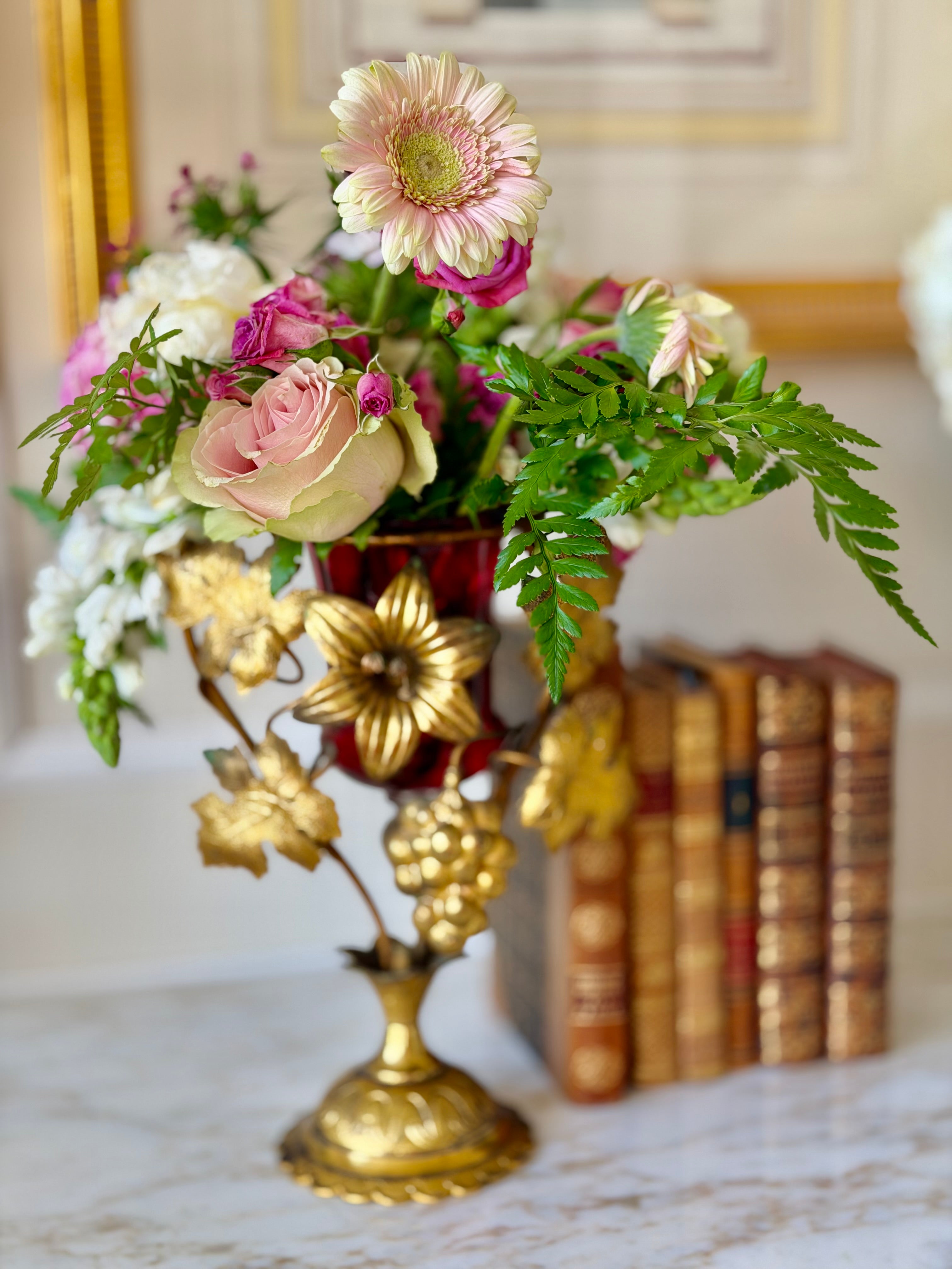 French Gilt Bronze Floral & Cranberry Glass Vase