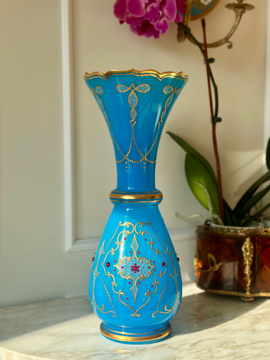 Bejeweled blue art glass vase