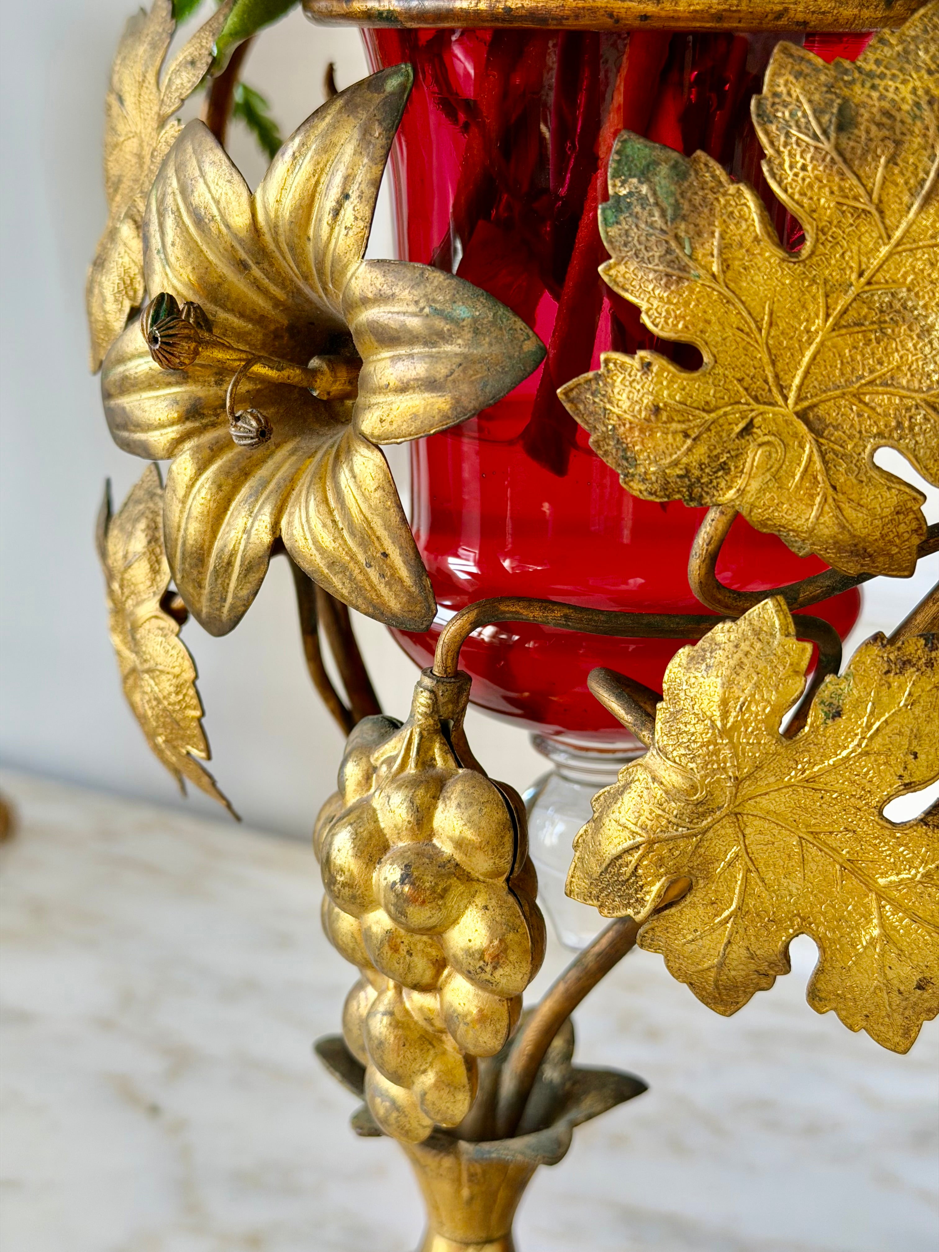 French Gilt Bronze Floral & Cranberry Glass Vase