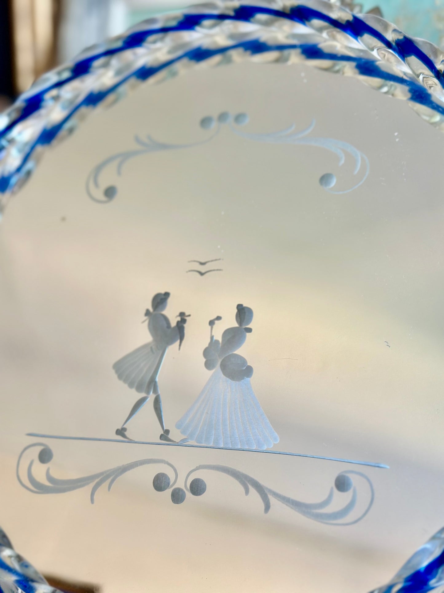 Italian Murano Glass Tray with Etched Dancing Couple