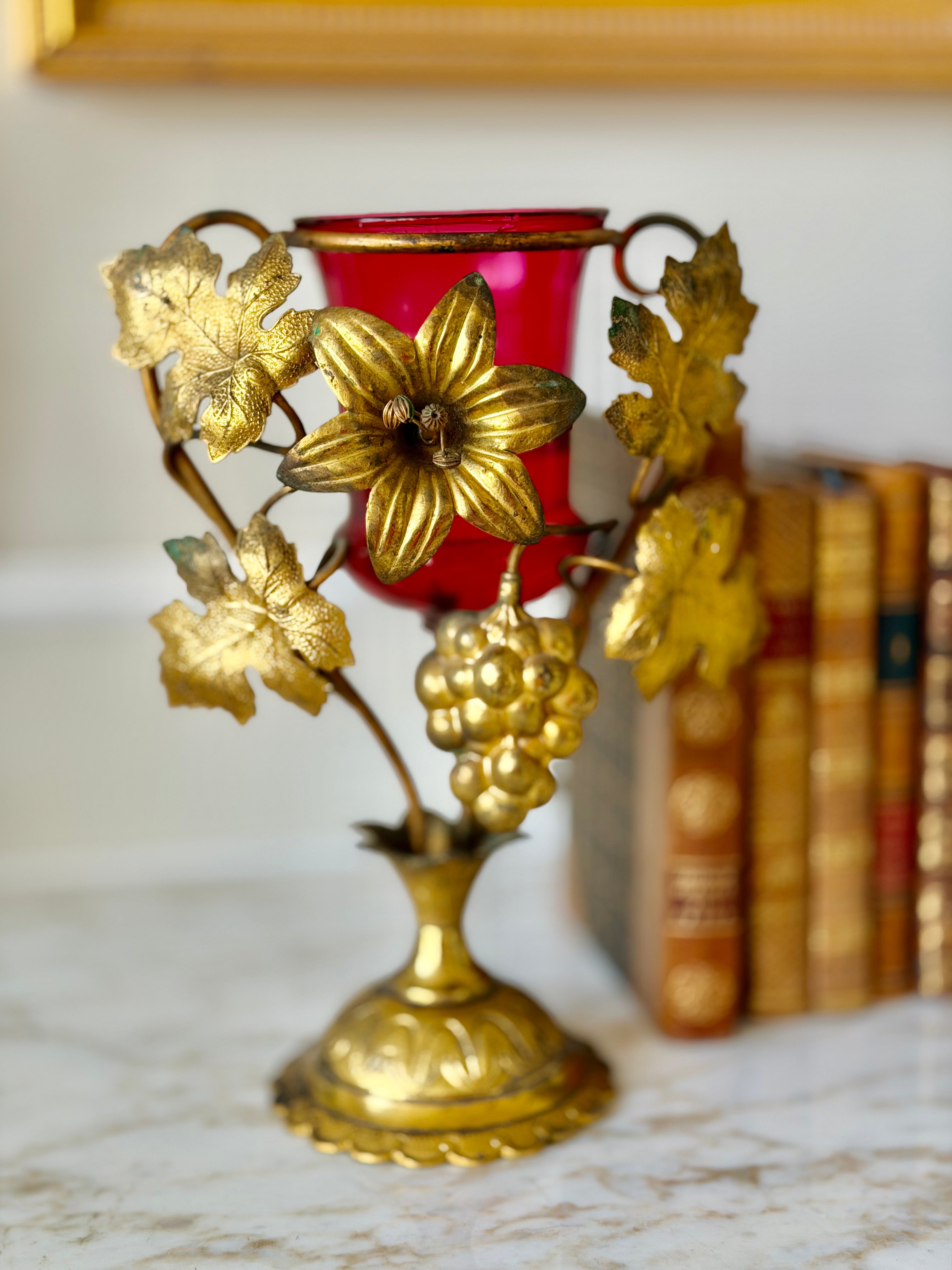 French Gilt Bronze Floral & Cranberry Glass Vase