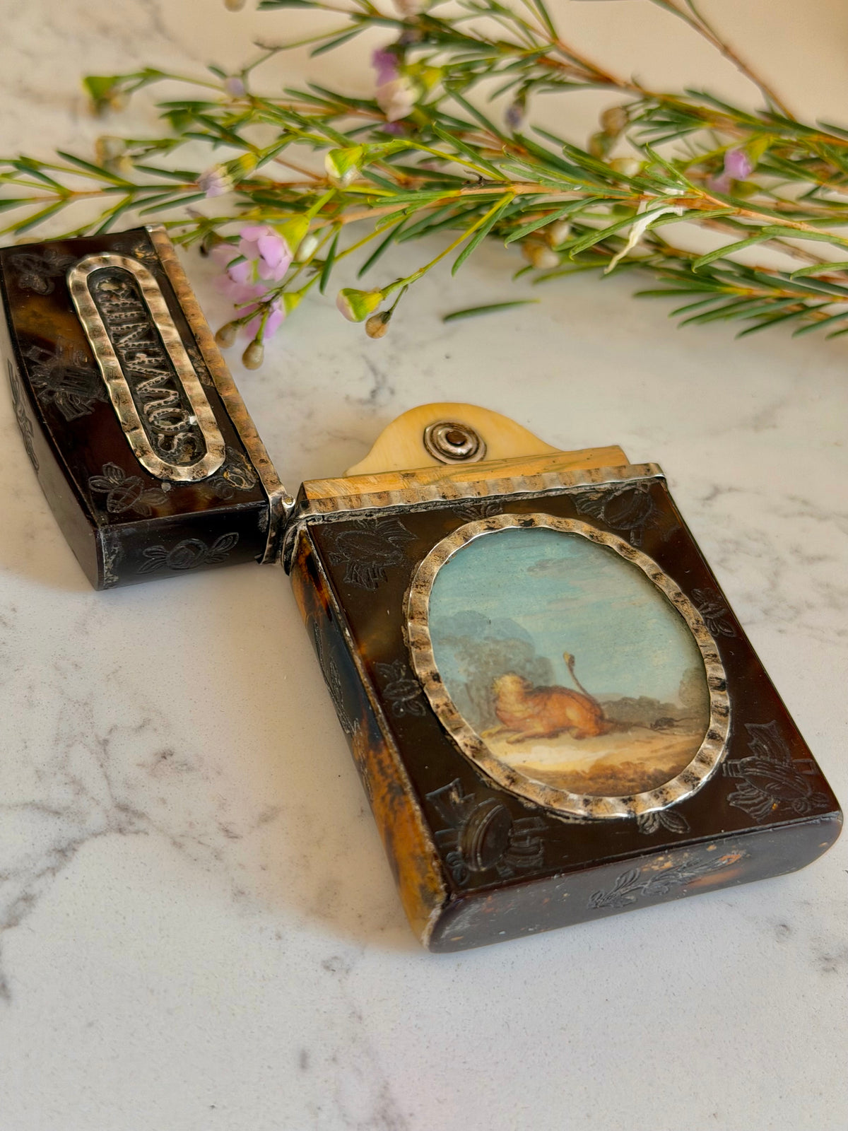 Tortoise & Silver Souvenir Dance Card Case with Painted Miniatures