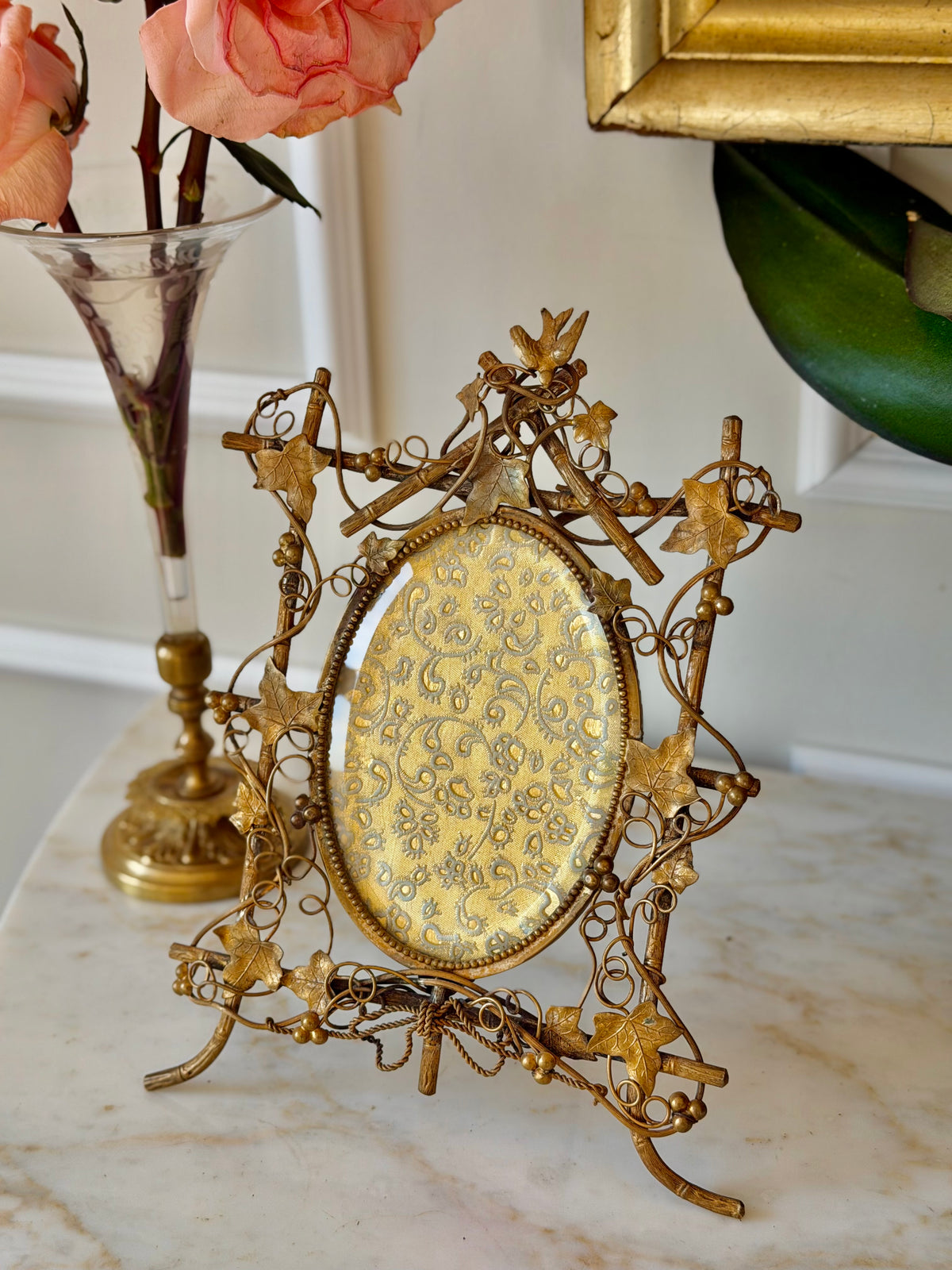 Ornate Gilt Bronze Perched Bird in Vines Frame