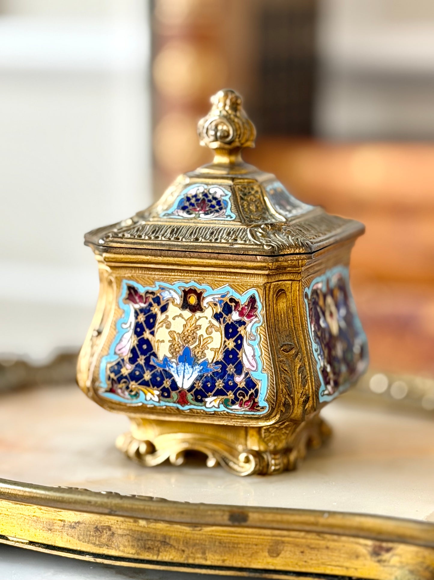 Gilt bronze, champlevé, and onyx inkwell