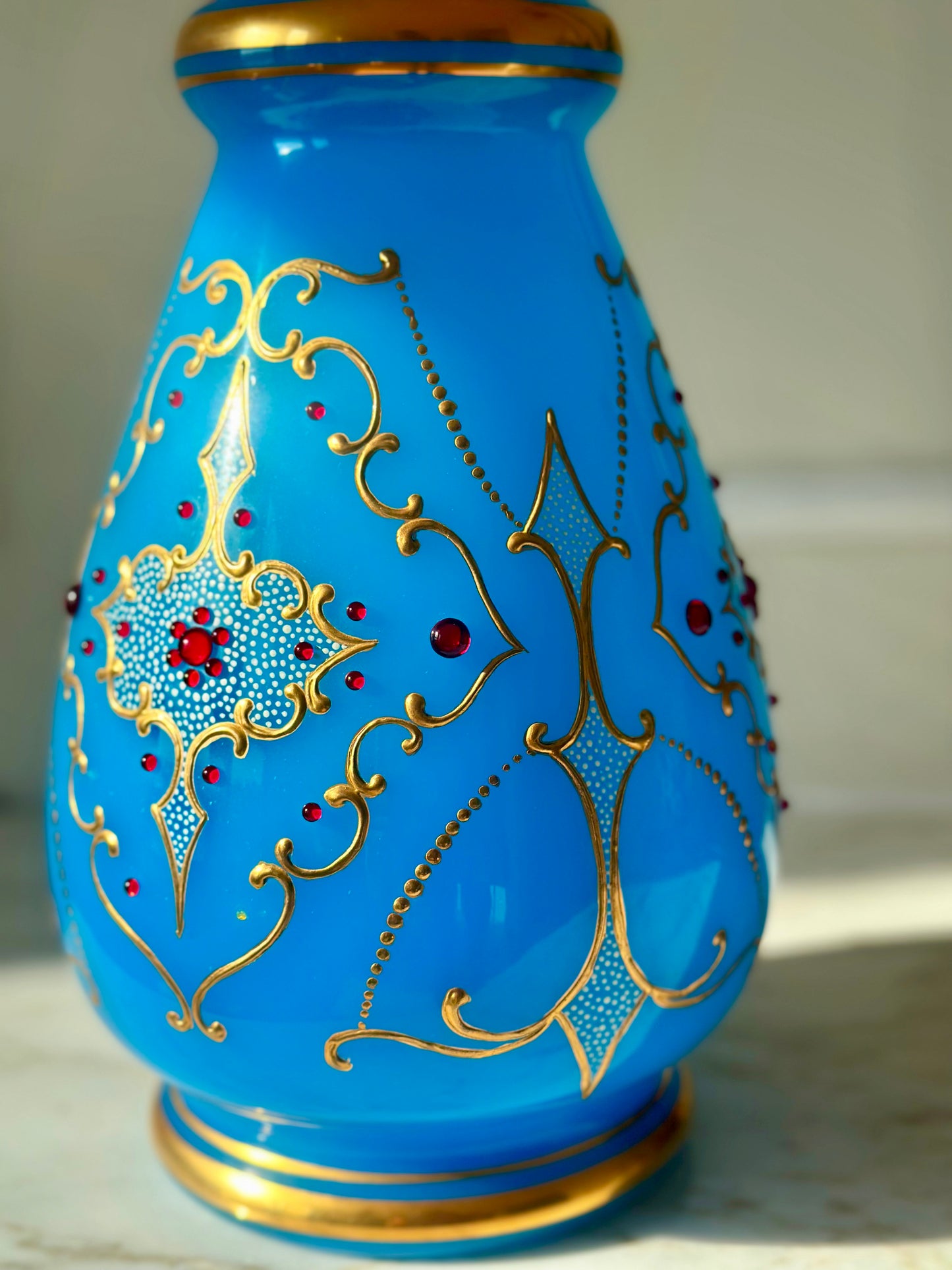 Bejeweled blue art glass vase
